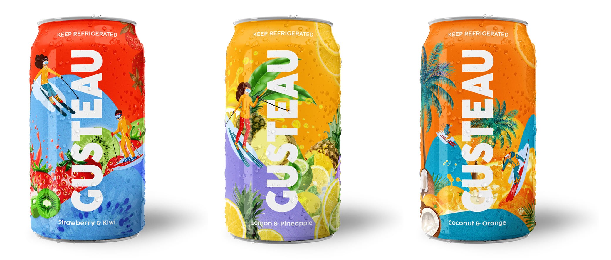 Gusteau beverage brand packaging design with illustrated soda cans and fruit flavors