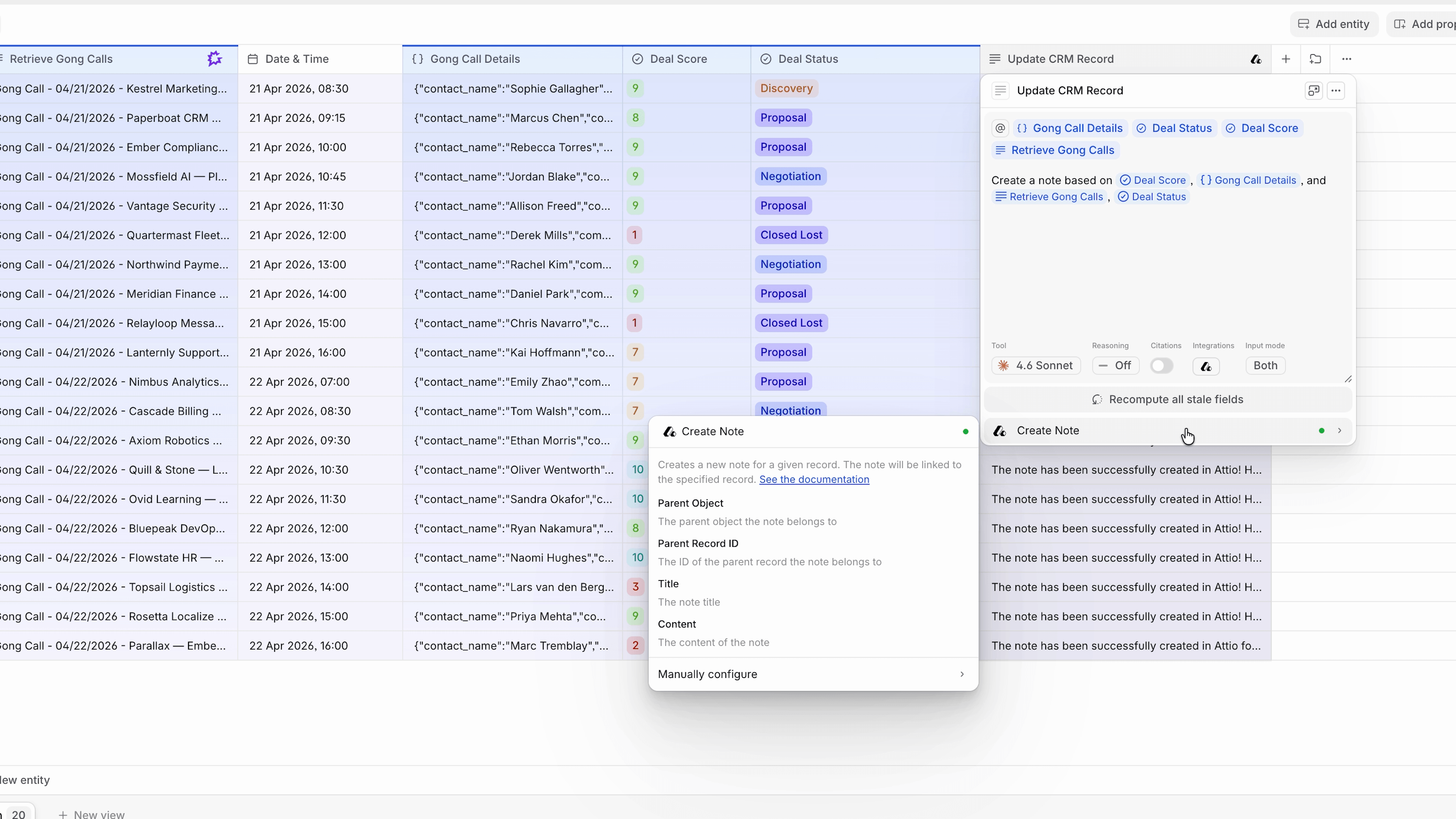 An agent table in V7 Go processing Gong call records, with a "Create Note" action configured to update CRM records in Attio automatically.