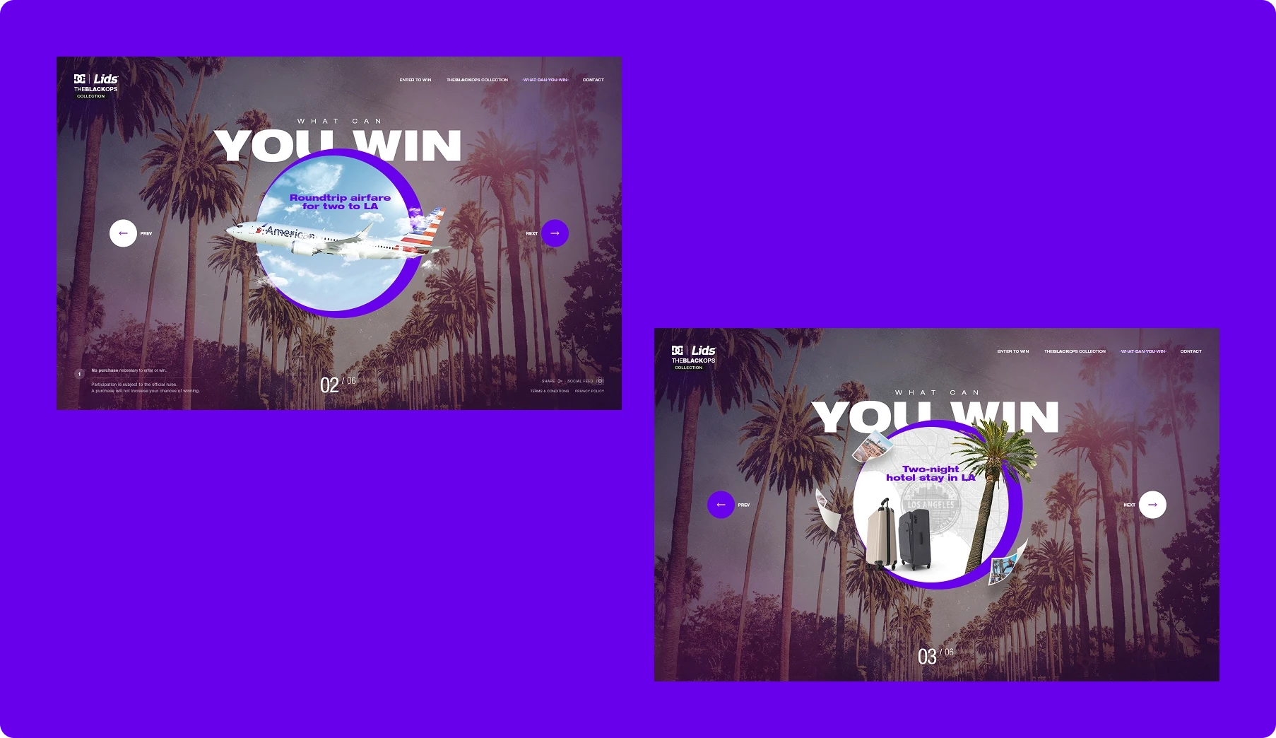 Two dark website mockups on a vivid purple background show palm trees, circular graphics, and bold “YOU WIN” headlines, creating a retro game-like mood.