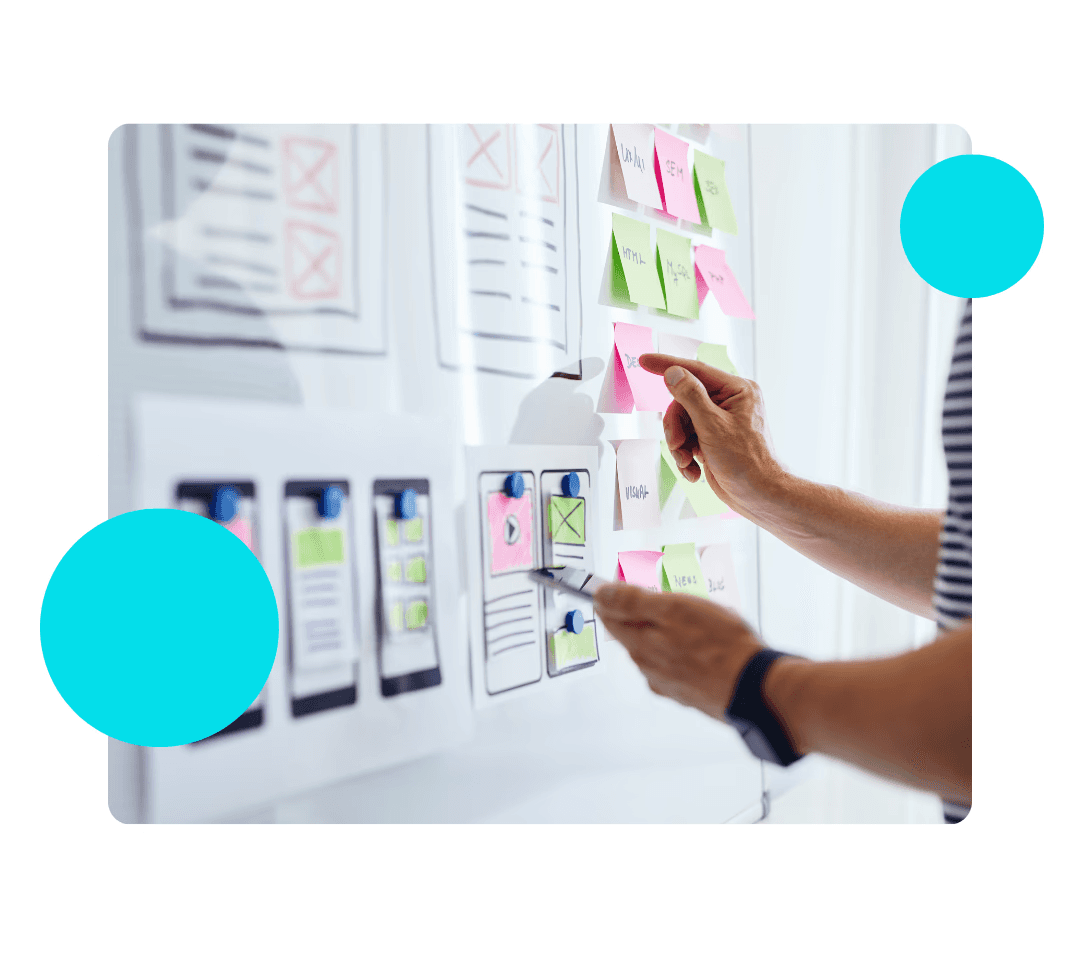 A complex network of interconnected nodes and lines, representing a system or process.  The nodes are various shapes and sizes, some containing text or icons. The overall style is dark with purple accents.