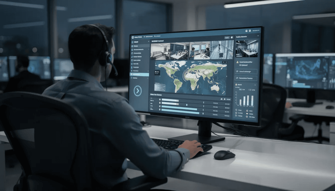 The image depicts a professional analyzing a security dashboard on a computer monitor, showcasing various metrics related to digital assets and cryptocurrency transactions. The dashboard includes information on market prices, price fluctuations, and security measures essential for managing large amounts of crypto and making informed financial decisions.