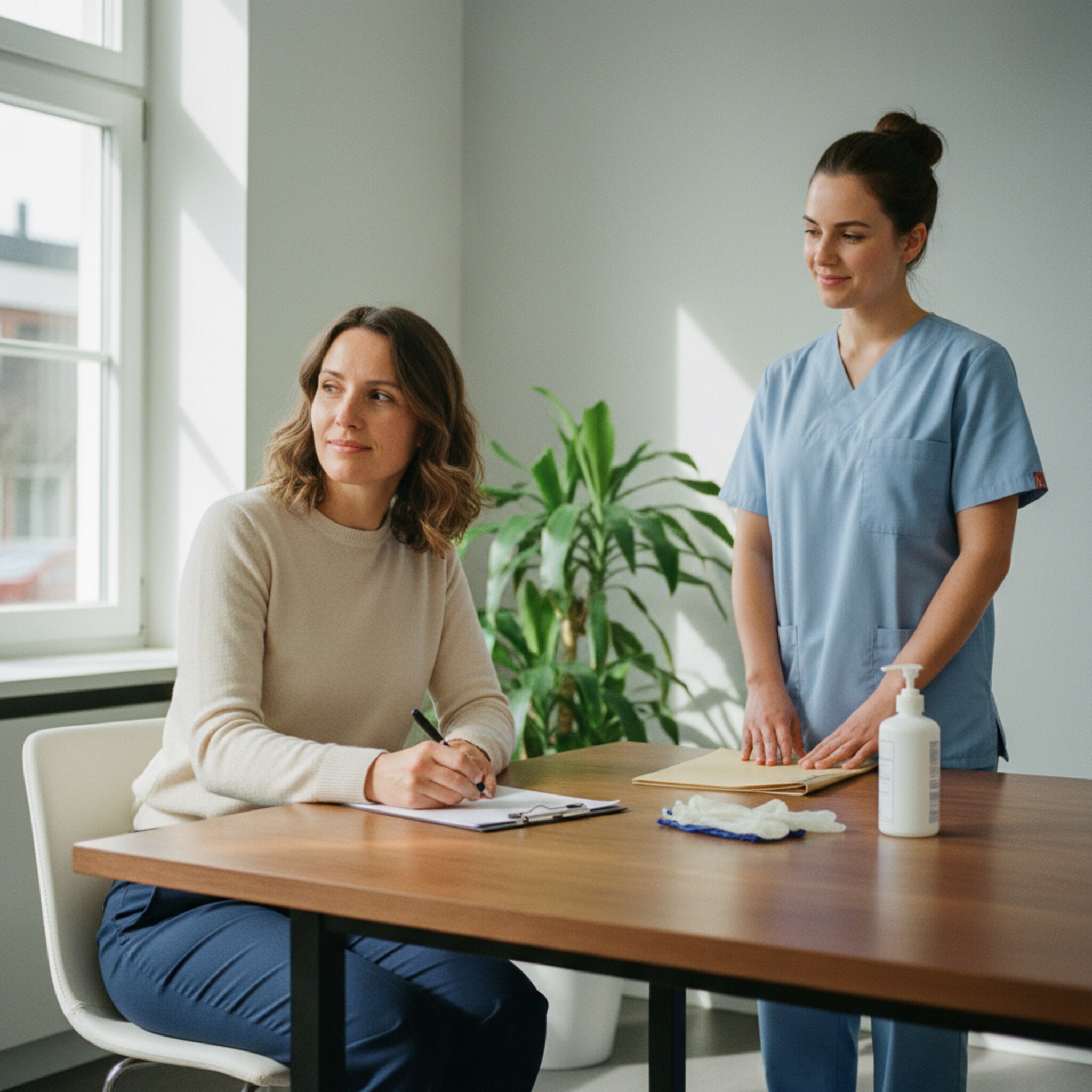 In einem Besprechungsraum unterschreibt eine Mitarbeiterin eine Einverständniserklärung auf einem Klemmbrett. Der Tisch ist klar aufgeräumt, ein Stift, Handschuhe und Desinfektion liegen bereit. Eine MFA wartet geduldig, die Atmosphäre ist ruhig und professionell. Weiches Tageslicht fällt durch das Fenster.