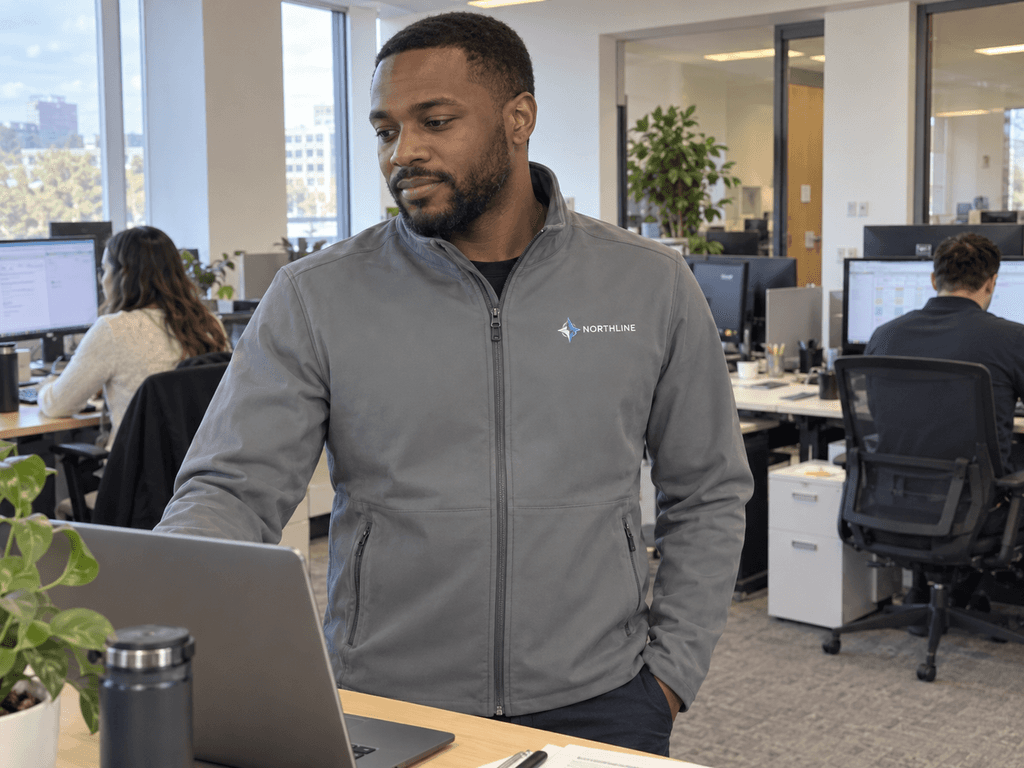 Branded gray zip jacket worn in an office