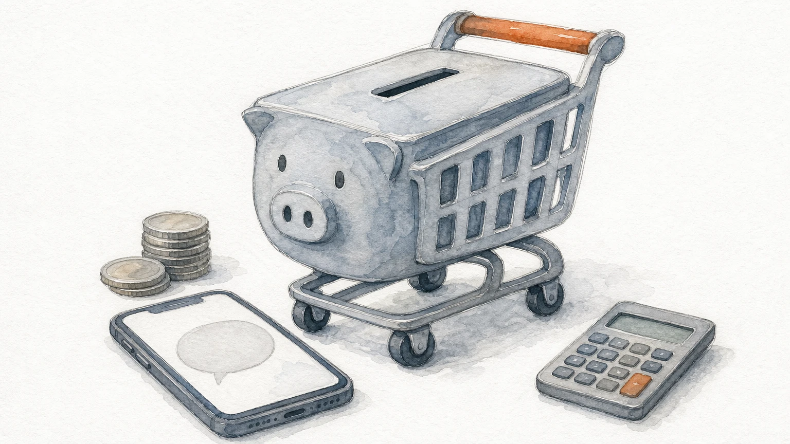 Piggy bank with coins, a smartphone, and a calculator on a desk representing platform costs.