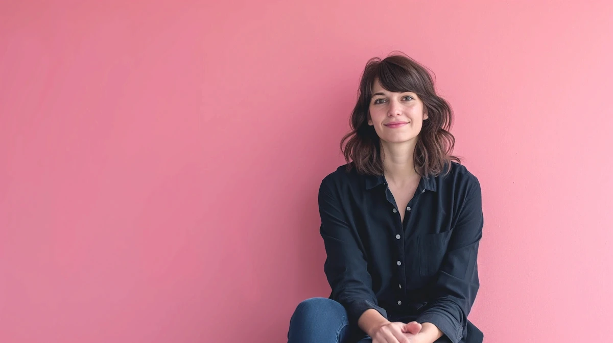 Young woman with brown hair in a dark blue shirt against a pink background, smiling casually.