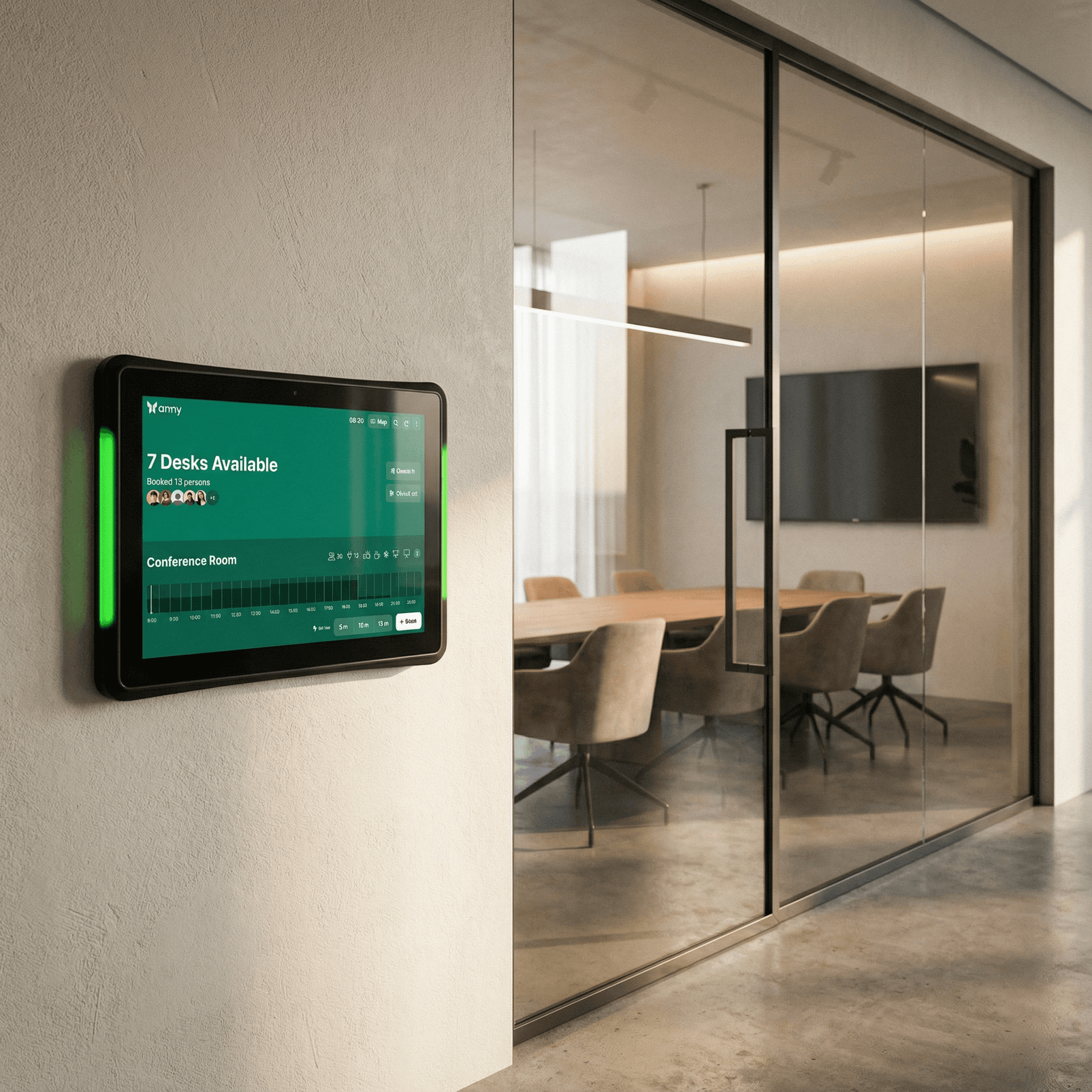 ALLNET RK 3568 Raumdisplay am Meetingraum zeigt Verfügbarkeit im anny Buchungssystem als frei