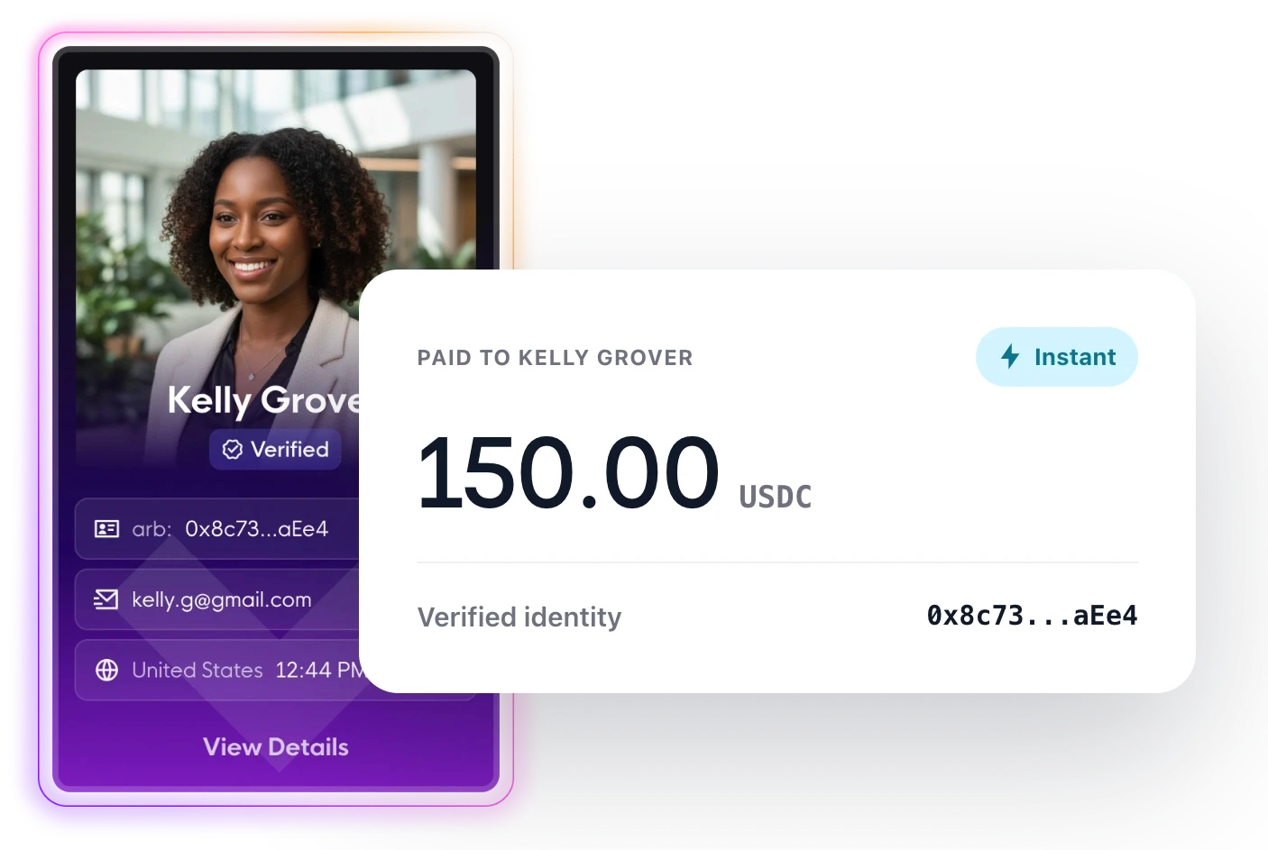 Worker profile and payment confirmation showing an instant $150 USDC payment to a verified recipient.
