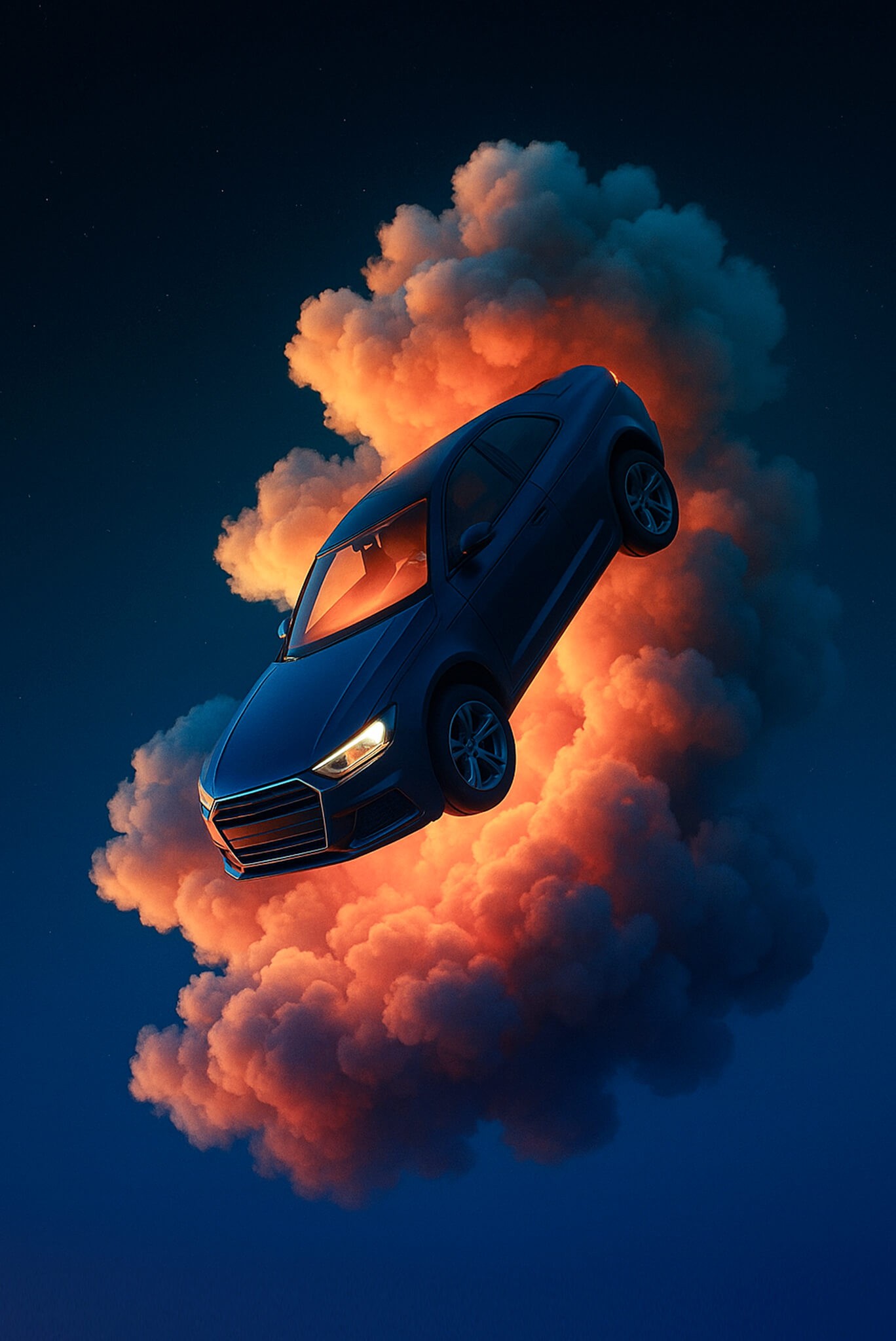 Modern blue car floating among vibrant orange clouds against dark blue sky, showcasing dynamic automotive visual concept.