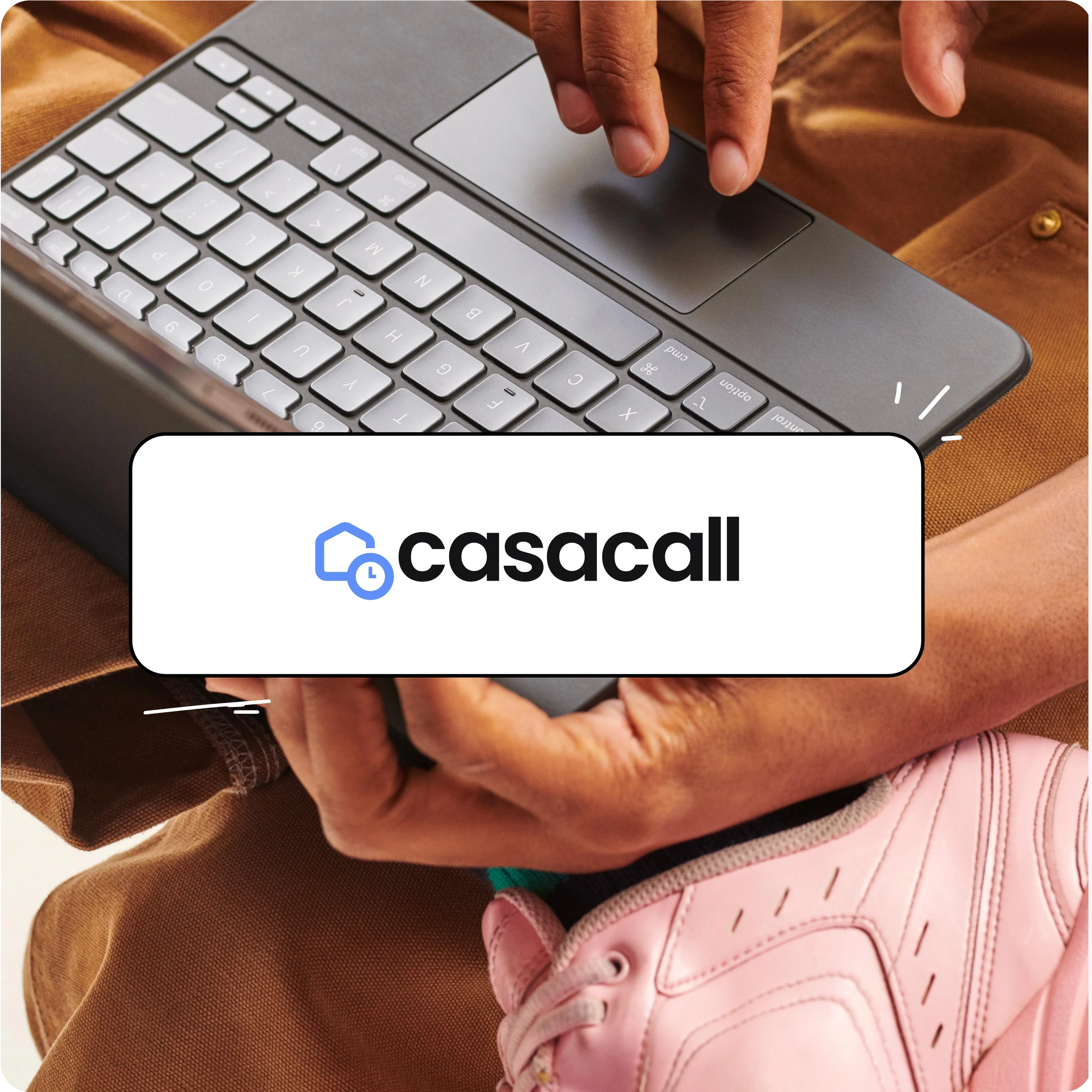 A promotional image for Casacall, an online platform for home services. The image shows a person using a laptop, highlighting flexibility and convenience, with the Casacall logo prominently displayed in the center. The logo features a blue house icon with a clock inside, symbolizing timely and reliable at-home services. The modern design and casual setting emphasize accessibility and ease of use for managing home service bookings online.