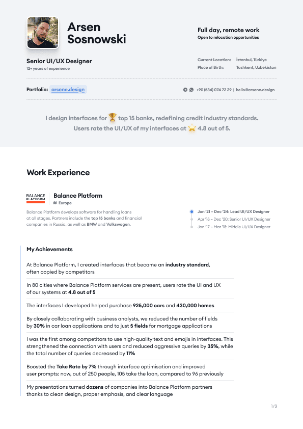 Arsen's CV showcasing work experience and key achievements in UI/UX design.