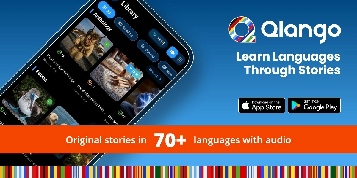 Qlango, an app for learning languages through stories, with a library of over 70 languages and audio integration.