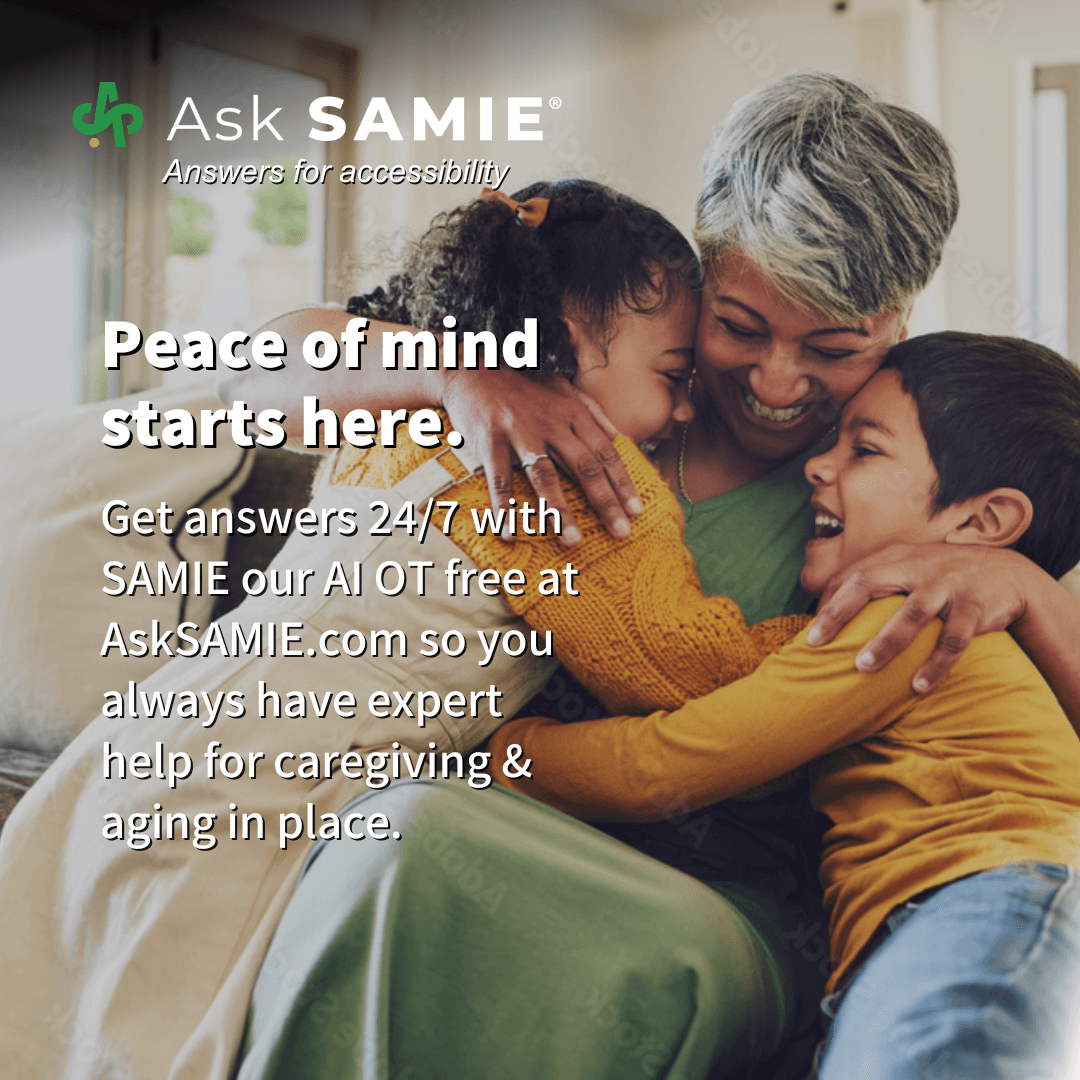 Adult embracing two children with AskSAMIE accessibility guidance promotional message.