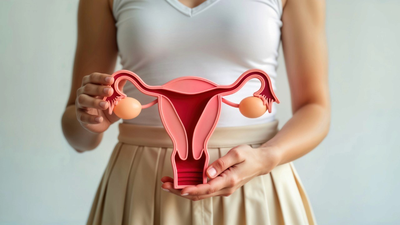 woman holding ovary diagram