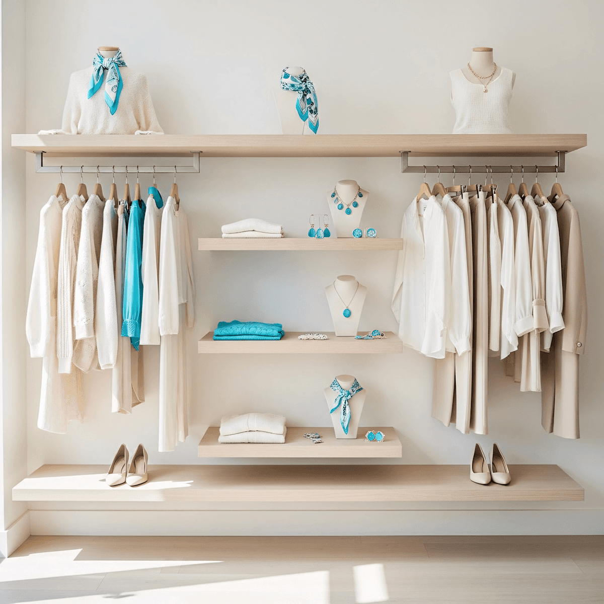 Store interior display with neatly arranged clothing, shelves, and accessories.