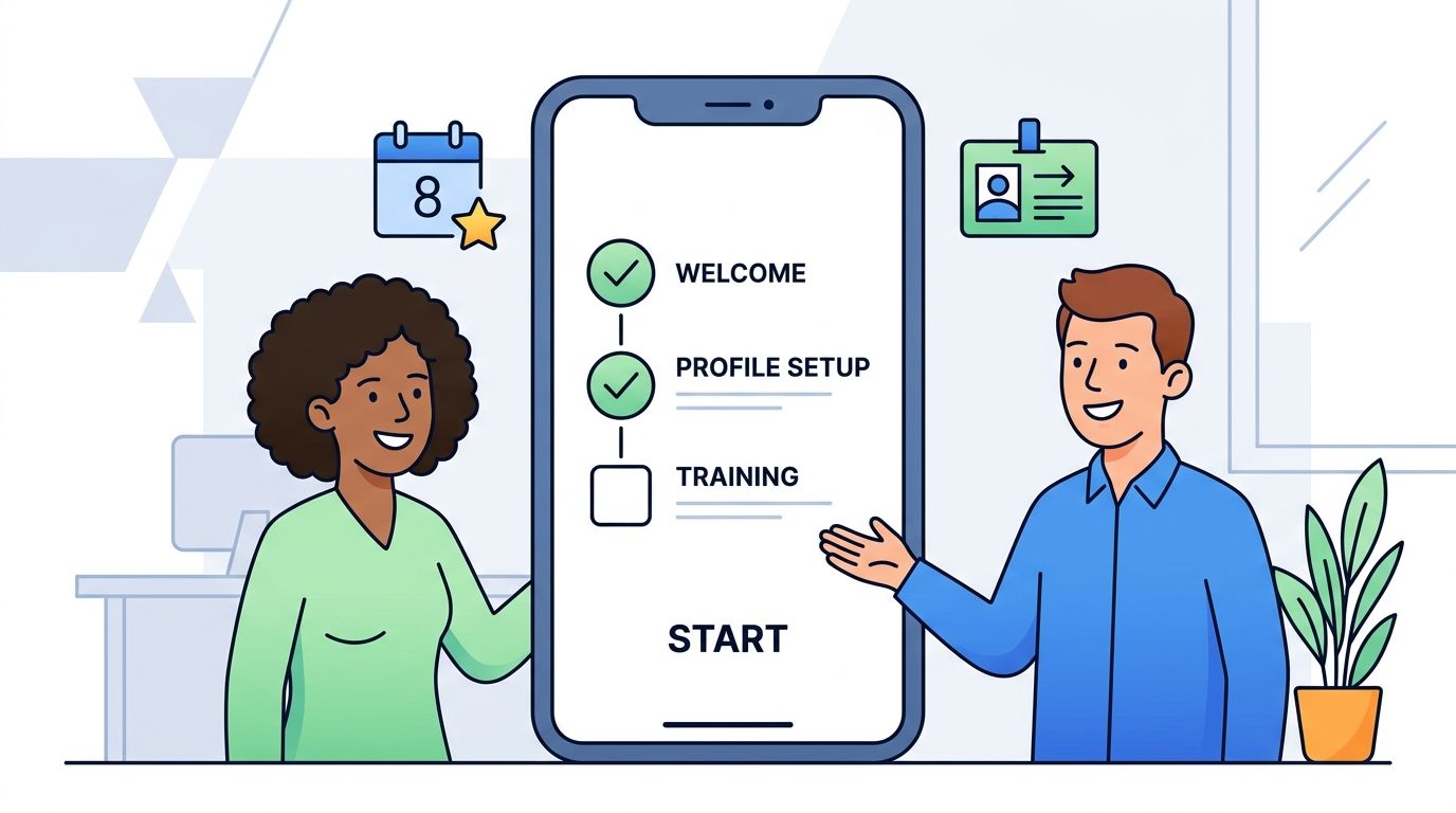 A man and a woman standing on either side of a large smartphone screen displaying onboarding steps.