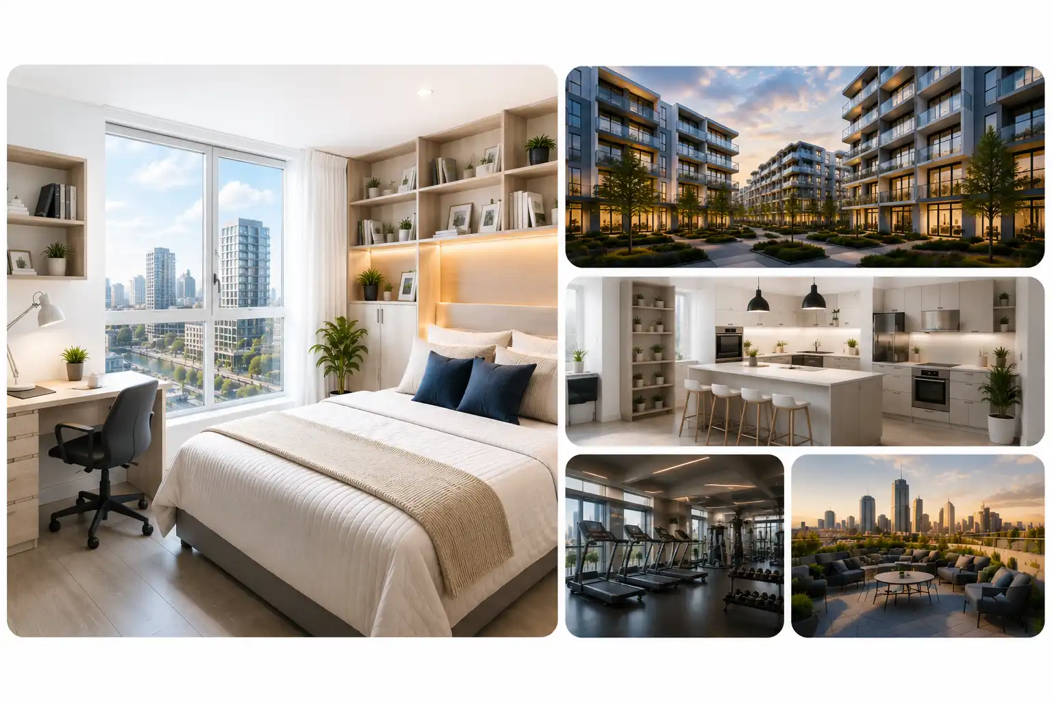 Modern student accommodation in Europe featuring a private room, shared kitchen, gym, rooftop terrace and contemporary residence