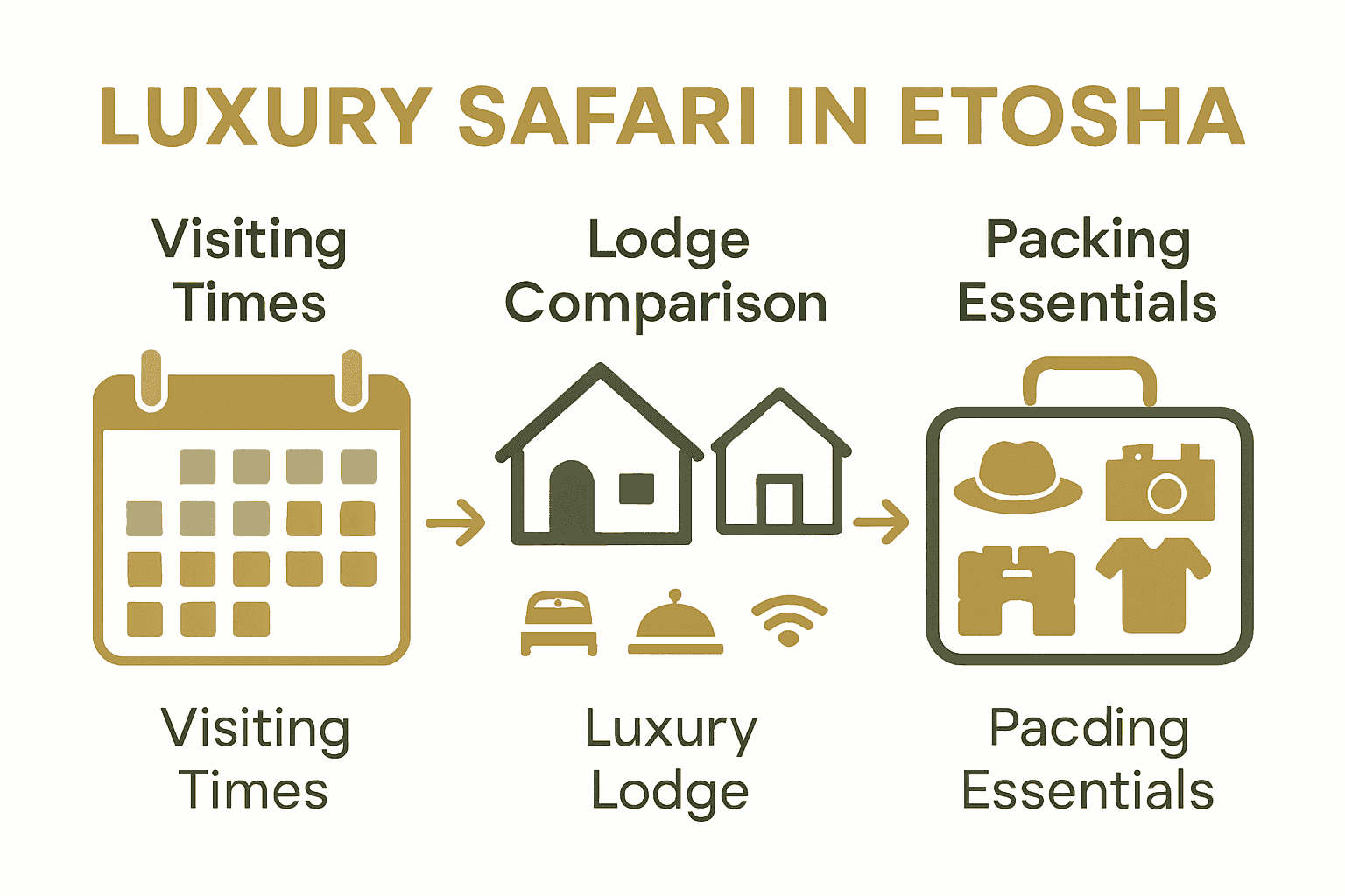 Infographic checklist for luxury safari preparation in Etosha National Park.