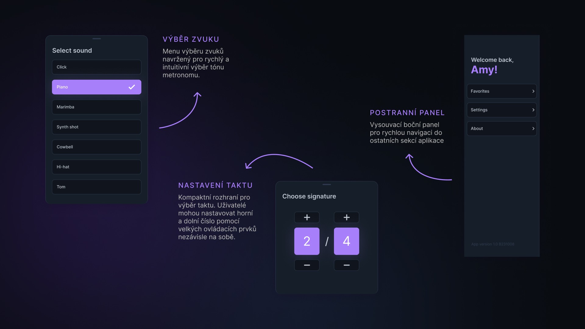 Ukázka jednotlivých částí UI apliakce MTRNM
