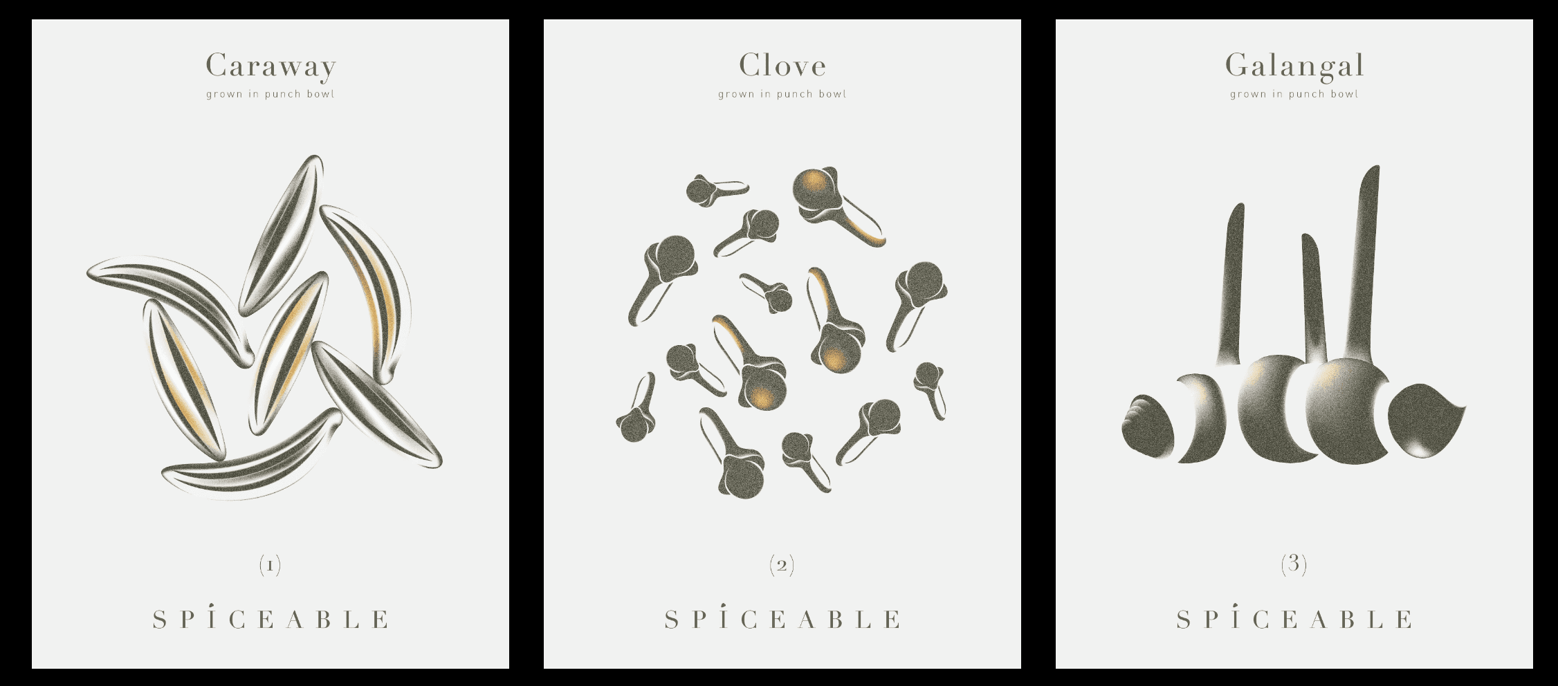 three posters with centered illustrations