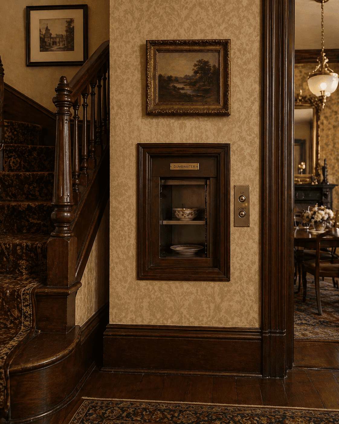 Residential dumbwaiter service lift with dark mahogany timber surround set into a patterned wallpapered wall in a Victorian period property — two-shelf interior carrying decorative crockery, with brass up and down call buttons mounted to the right, carved staircase with turned balusters visible to the left and formal dining room with chandelier and Persian rug visible in the background