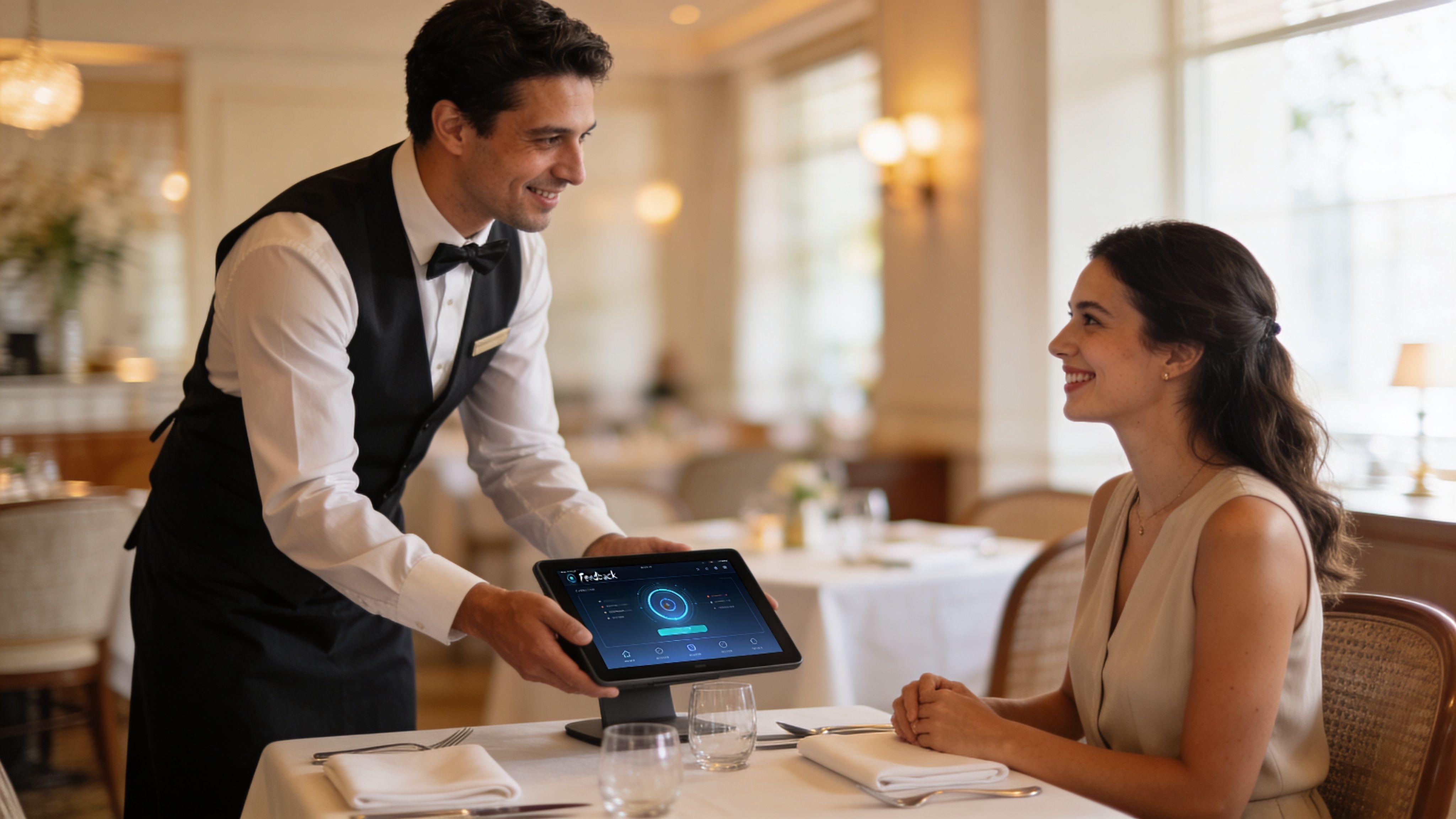 A waiter in a uniform presenting a digital feedback tablet to a smiling female customer at restaurant
