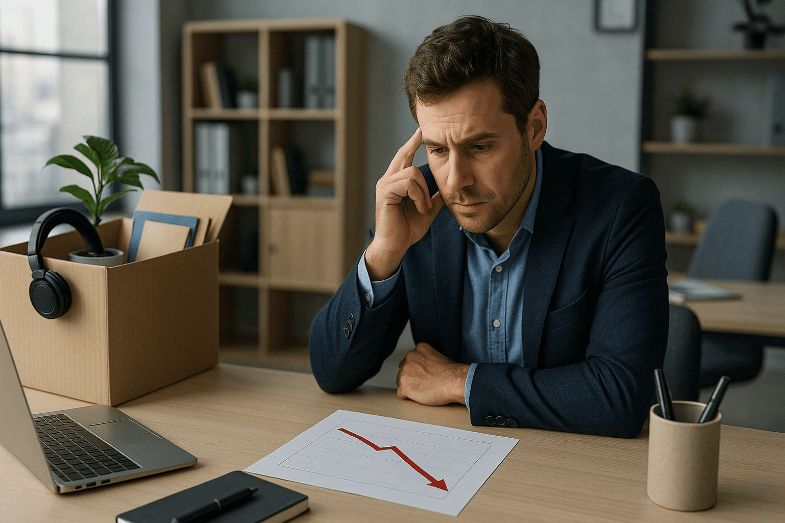 Executivo observando um ambiente corporativo moderno em 3D, com elementos minimalistas e tons neutros, analisando um cenário estratégico que sugere ajustes de equipe em 2025, transmitindo reflexão sobre eficiência, reestruturação e decisões de negócios.