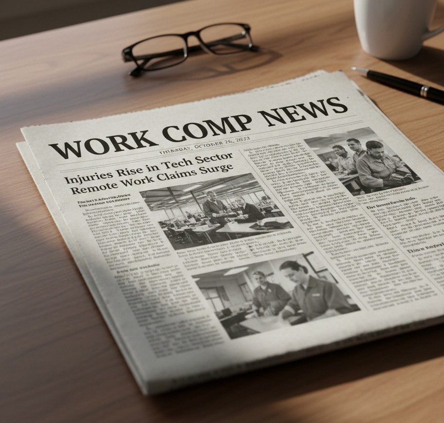 Newspaper on desk titled Work Comp News