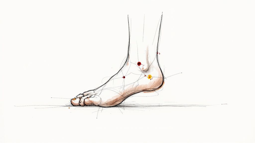 Ilustración detallada de un pie humano con puntos de reflexología marcados en rojo y amarillo.