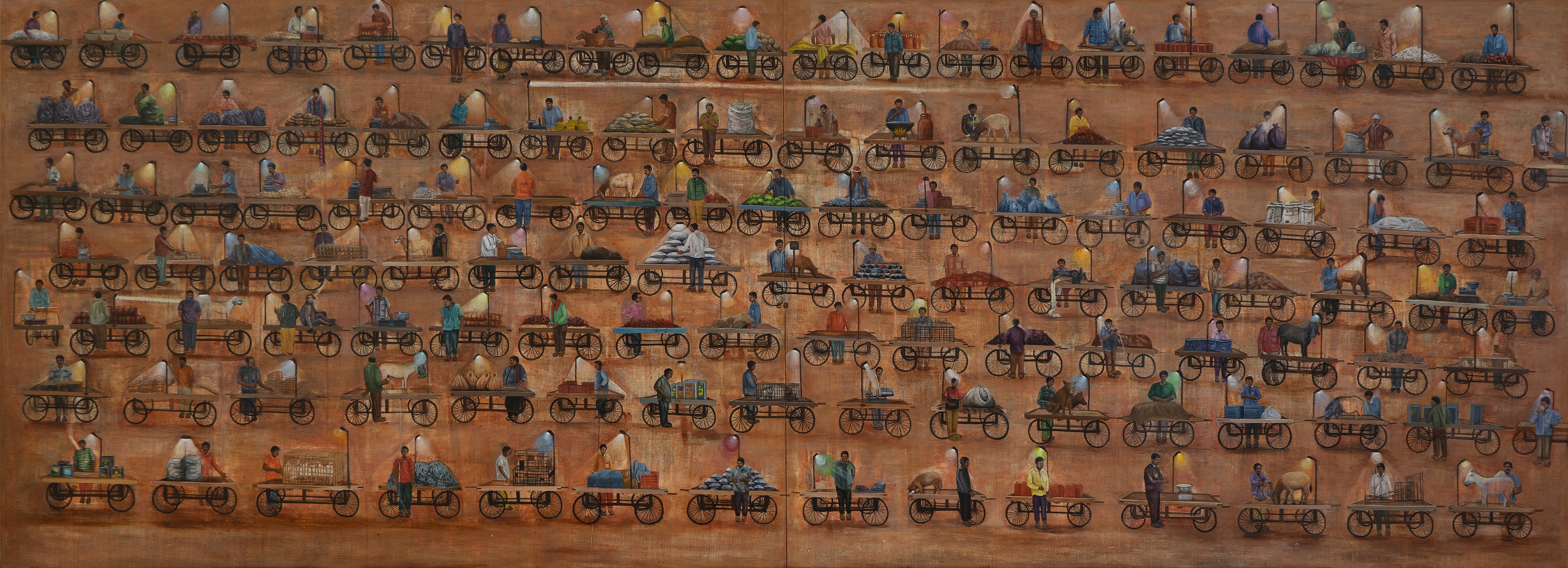 herd of sheep on road painting