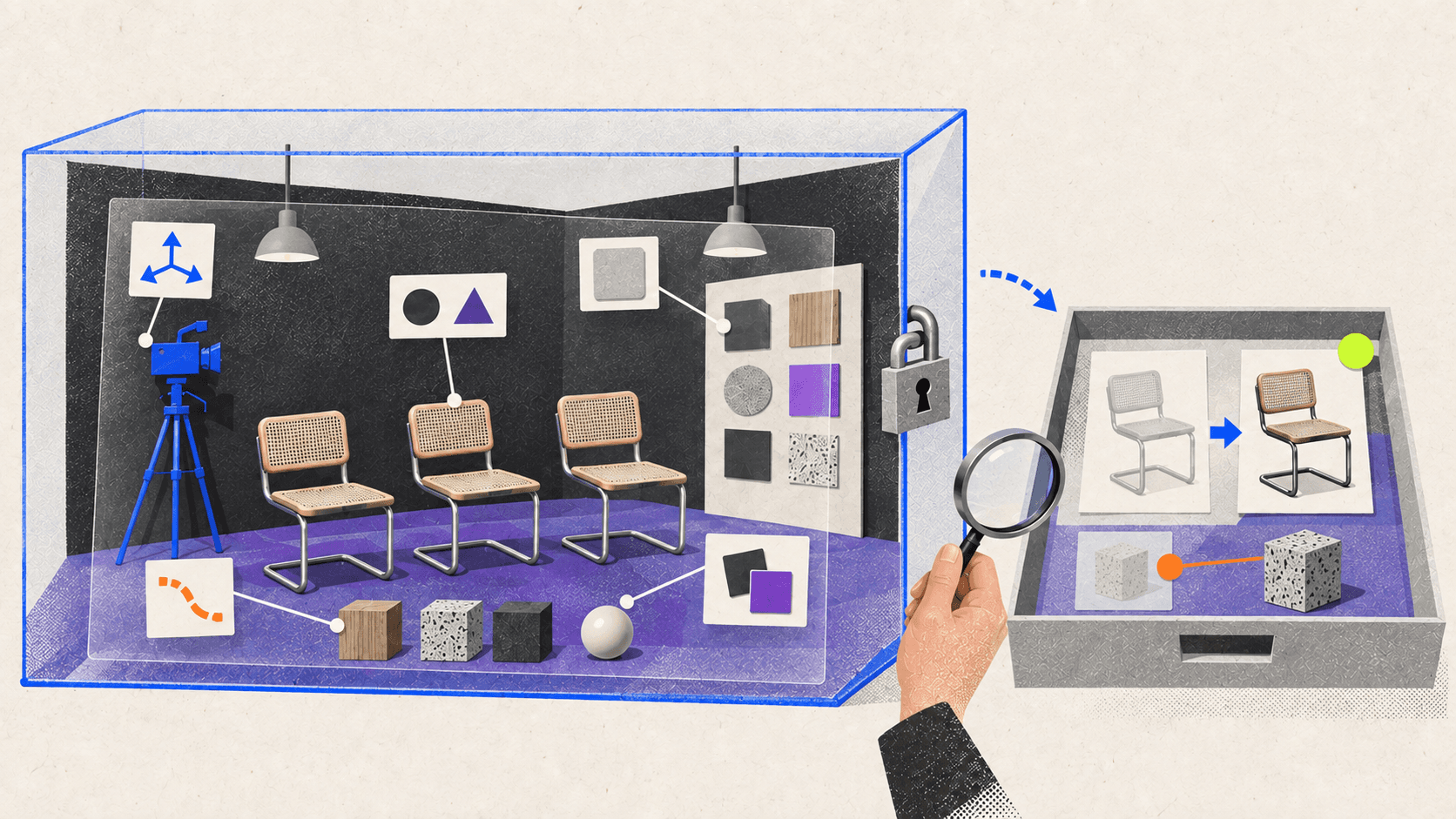 A protected Blender scene is inspected through a transparent audit layer while proposed changes are applied only to a small duplicate test collection.