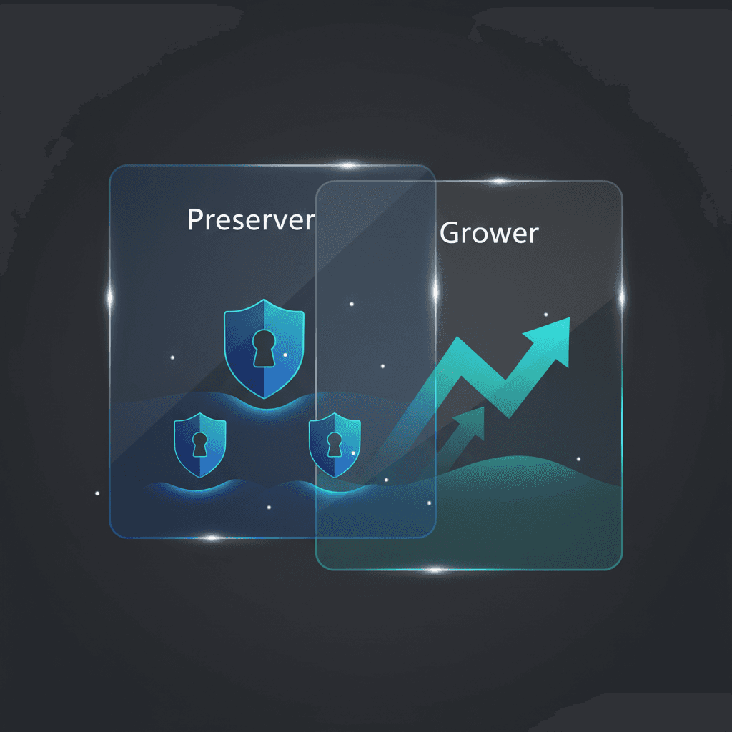 Visual split showing the duality of Preserver versus Grower investor types, using abstract panels and frosted effects to symbolize self-assessment and psychological risk profile assignment in trading.