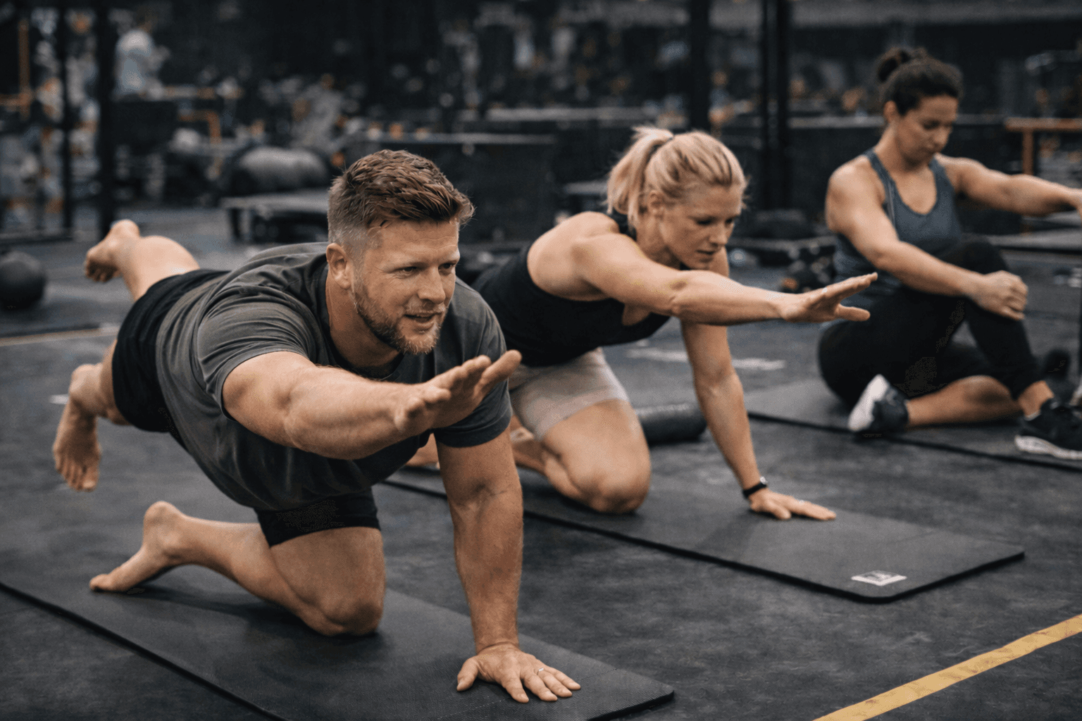 Energetic black and white image of two female athletes cheering and shouting during a fitness competition.