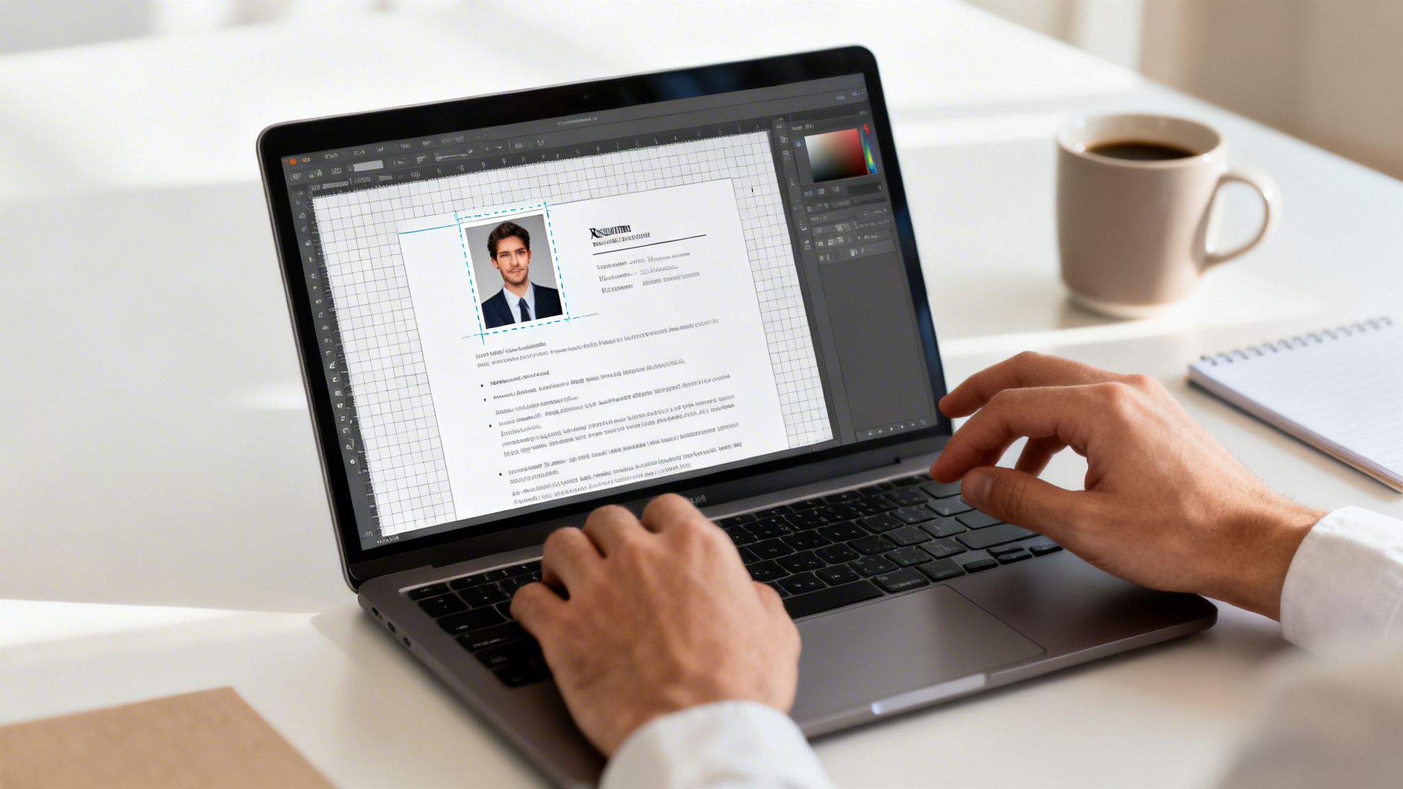 Nahaufnahme von Händen, die an einem Laptop tippen, auf dem ein Lebenslauf mit Foto in Bearbeitung ist.