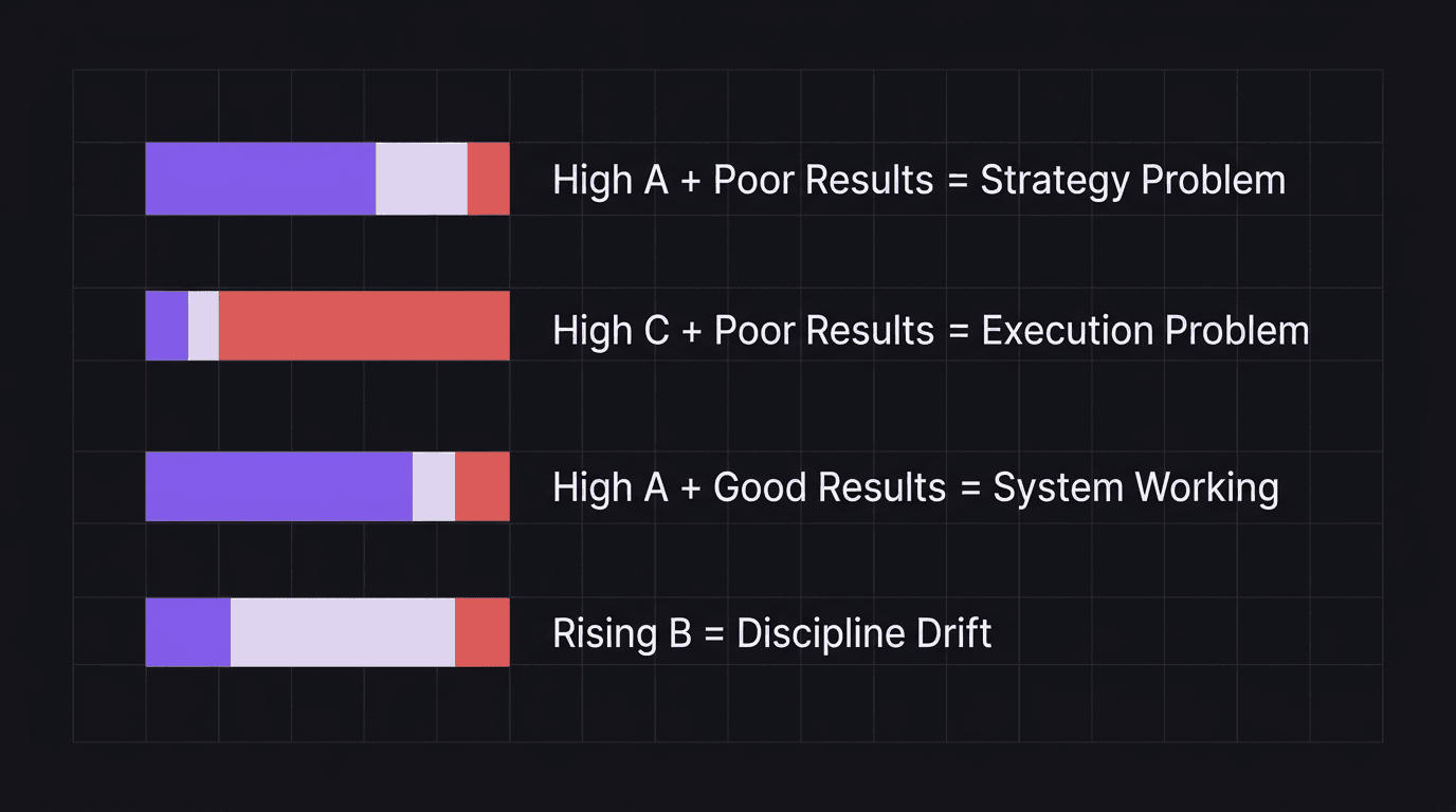 Diagram showing four grade distribution scenarios and what each reveals about strategy vs execution