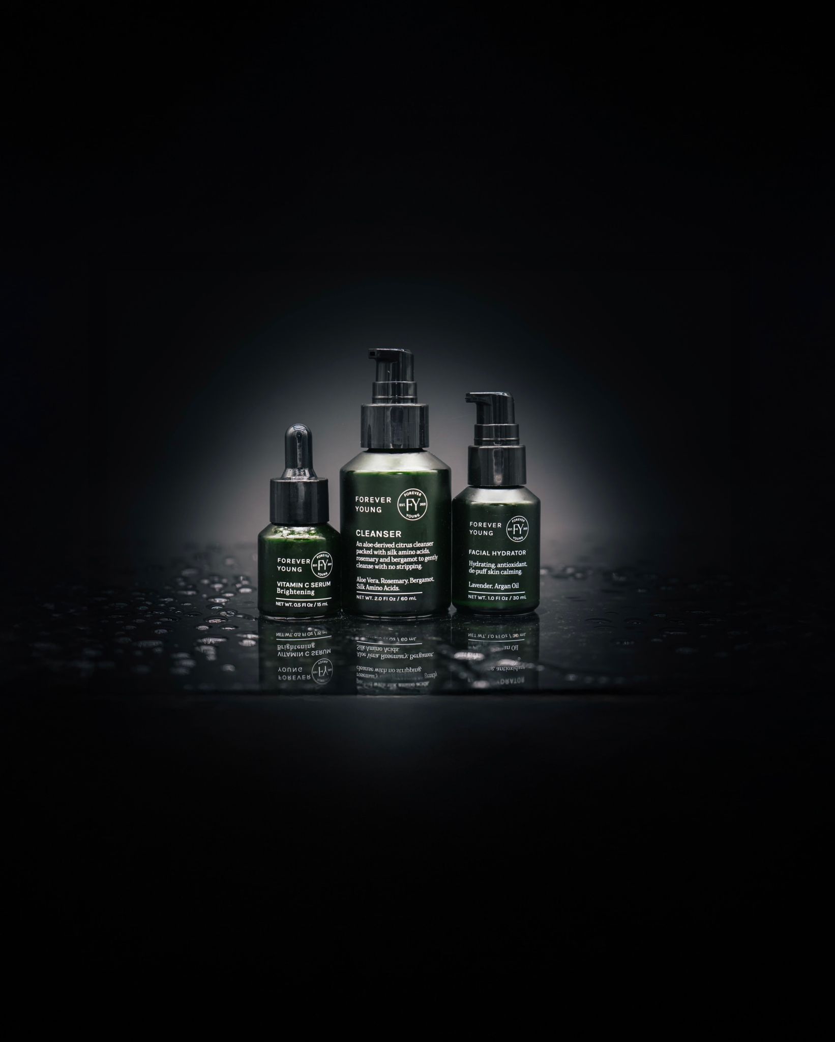 SFY Labs+ Forever Young Routine hero image showing 3-step skincare set for men — cleanser, serum, and hydrator designed for healthy, confident skin.