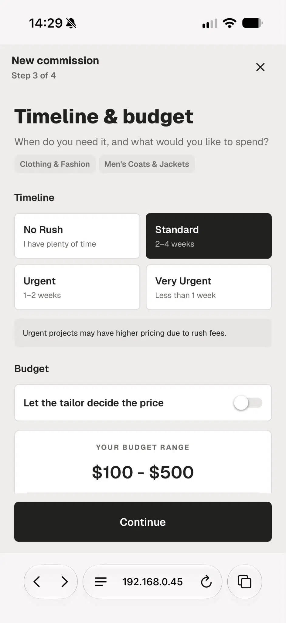 Sewi "New commission" flow, Step 3 of 4: timeline and budget screen with "Standard (2–4 weeks)" selected and a budget range of $100–$500.