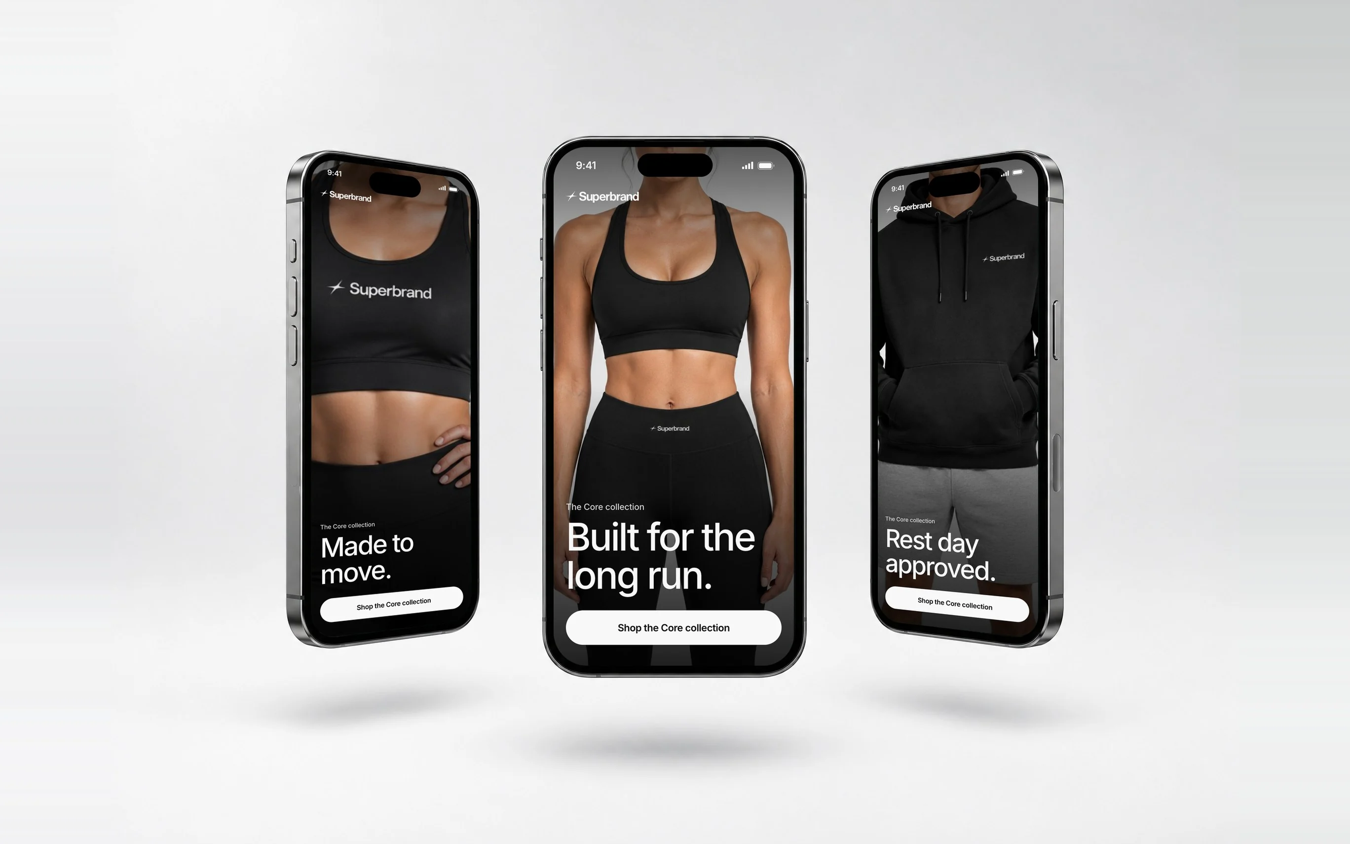Three phones showing Superbrand campaign ads: “Made to move.”, “Built for the long run.” and “Rest day approved.”