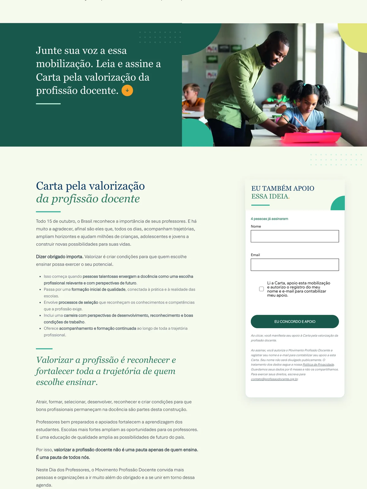 Carta pela valorização da profissão docente na landing Muito além do obrigado, no computador