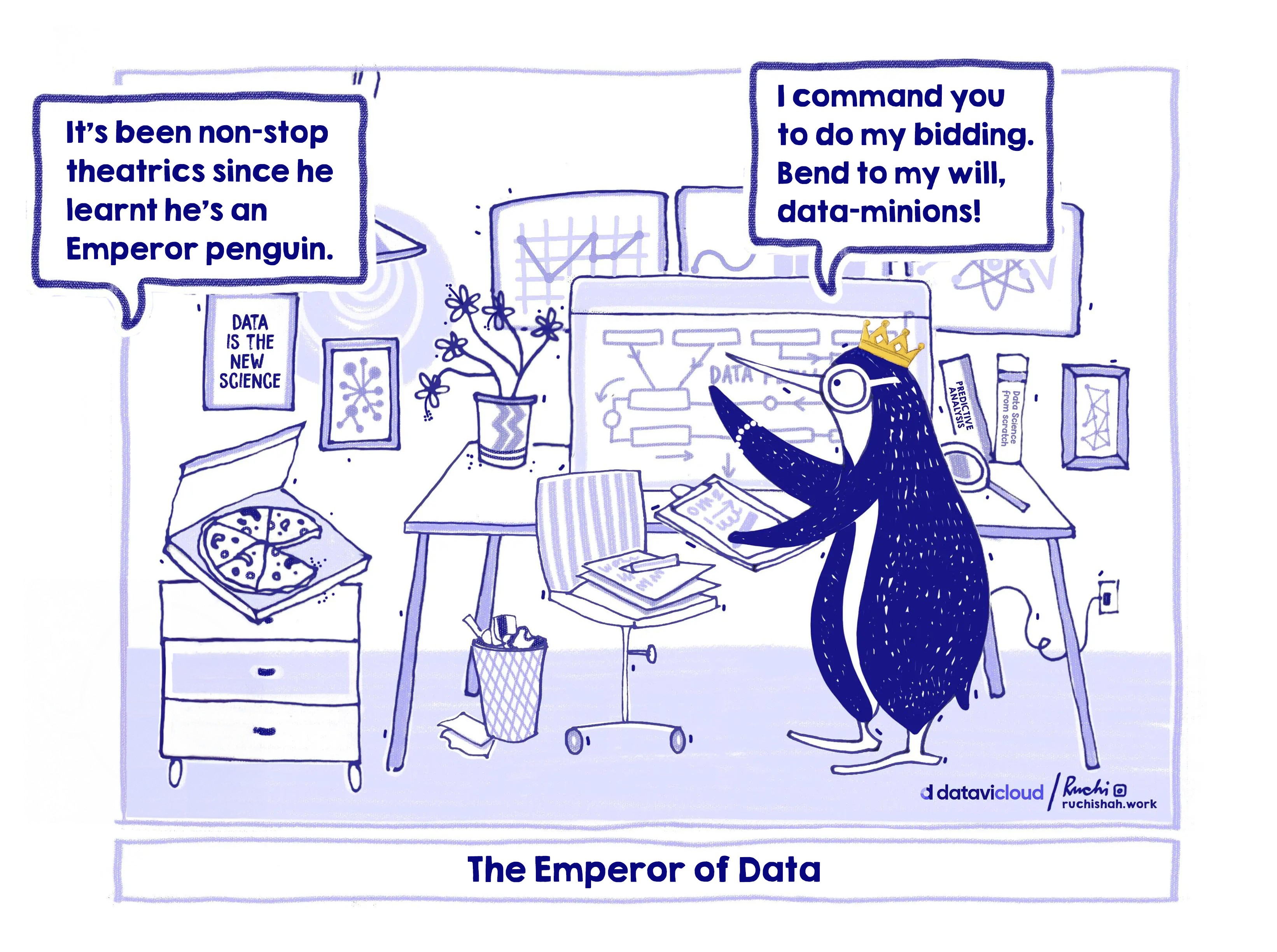 B2B sales humor cartoon titled 'The Emperor of Data' featuring a penguin wearing a crown and commanding its 'data-minions' to do its bidding in a messy office, illustrating the chaos of unorganized GTM data and the need for a unified orchestration platform.