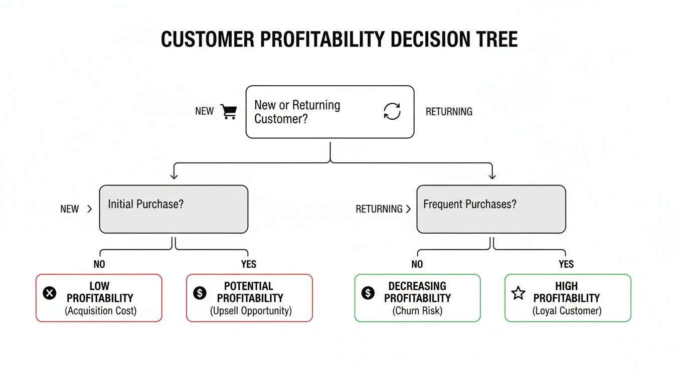 Customer profitability decision tree diagram analyzing new and returning customer purchase behavior.
