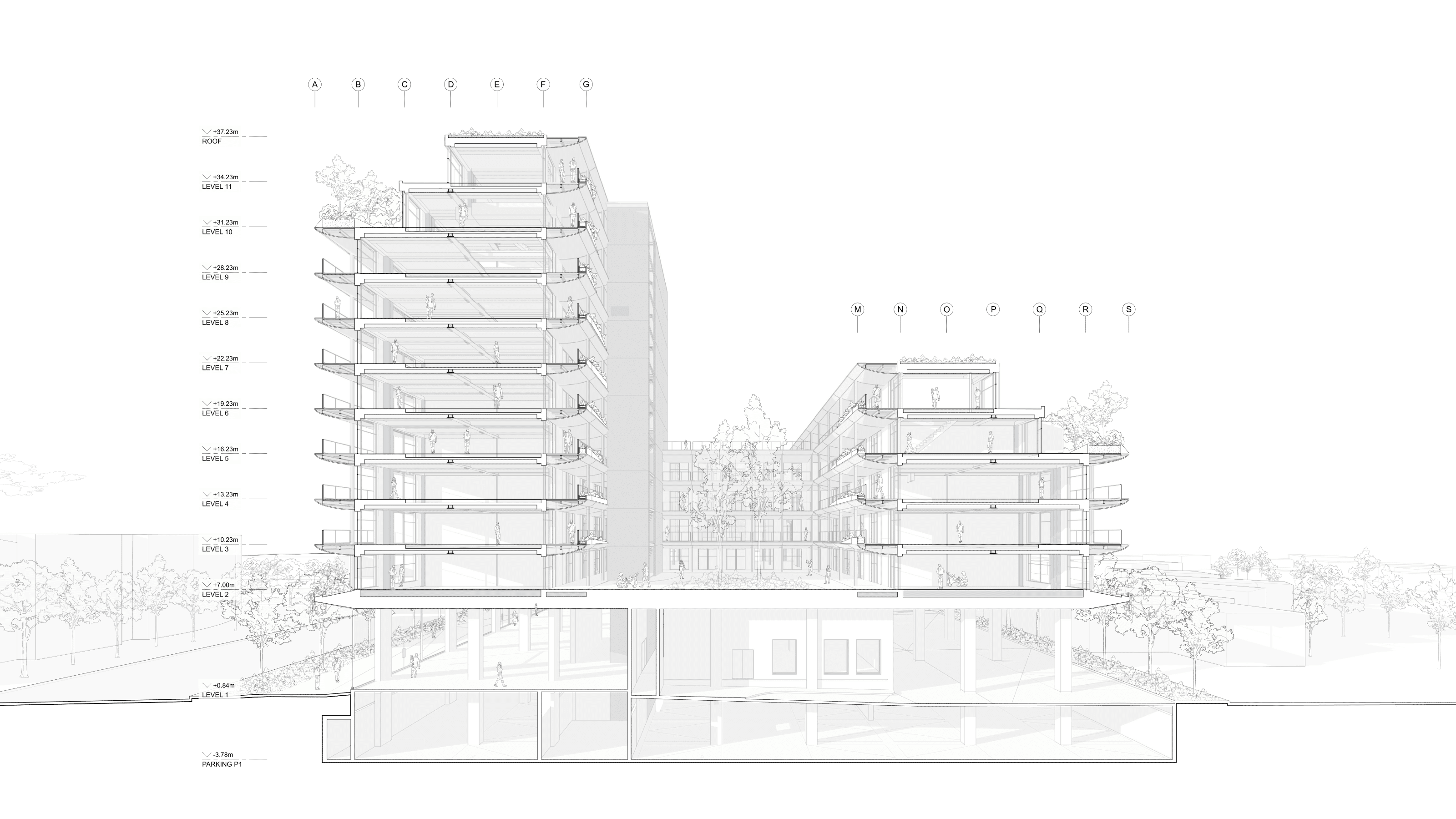 Sectional perspective showing the ground floor and residential units separated by the open air courtyard. 