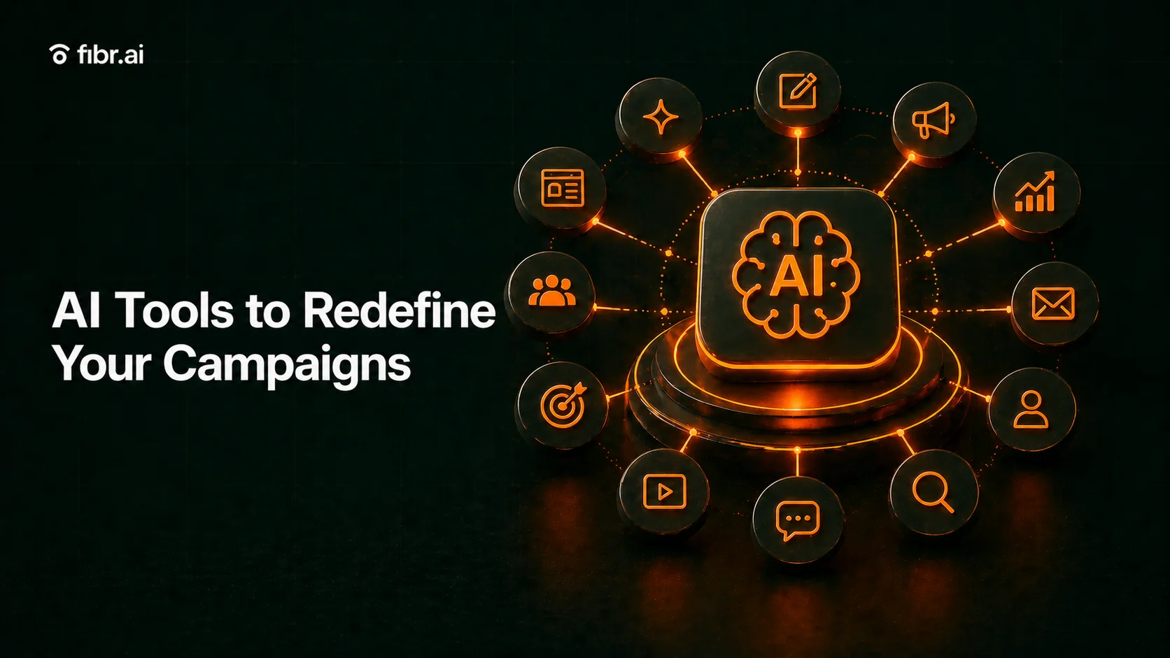 AI marketing tools visualization showing a central AI system connected to multiple campaign functions like targeting, analytics, content, and messaging, highlighting unified and optimized campaign execution.