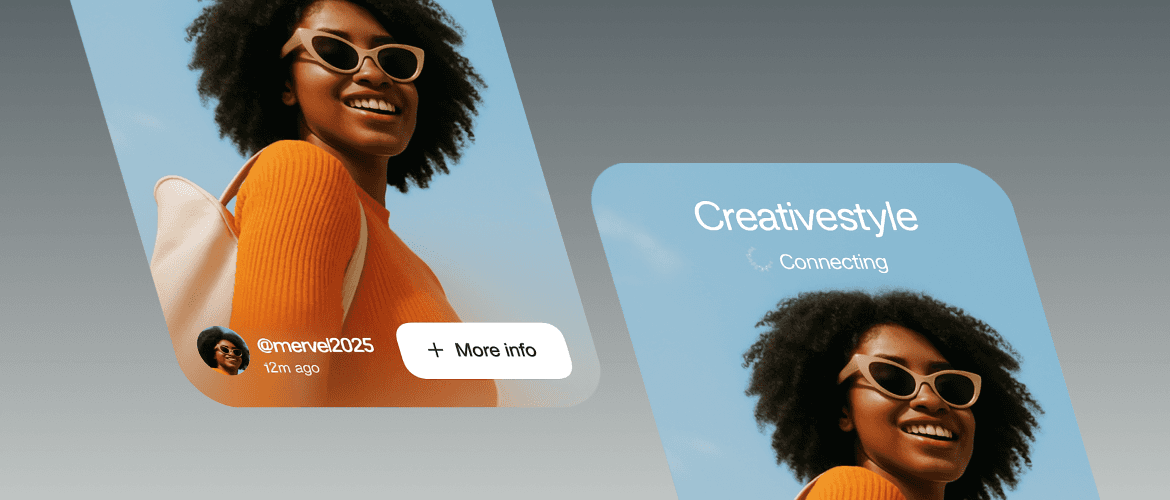 Woman with sunglasses looking at a blue card labeled "Creativestyle"
