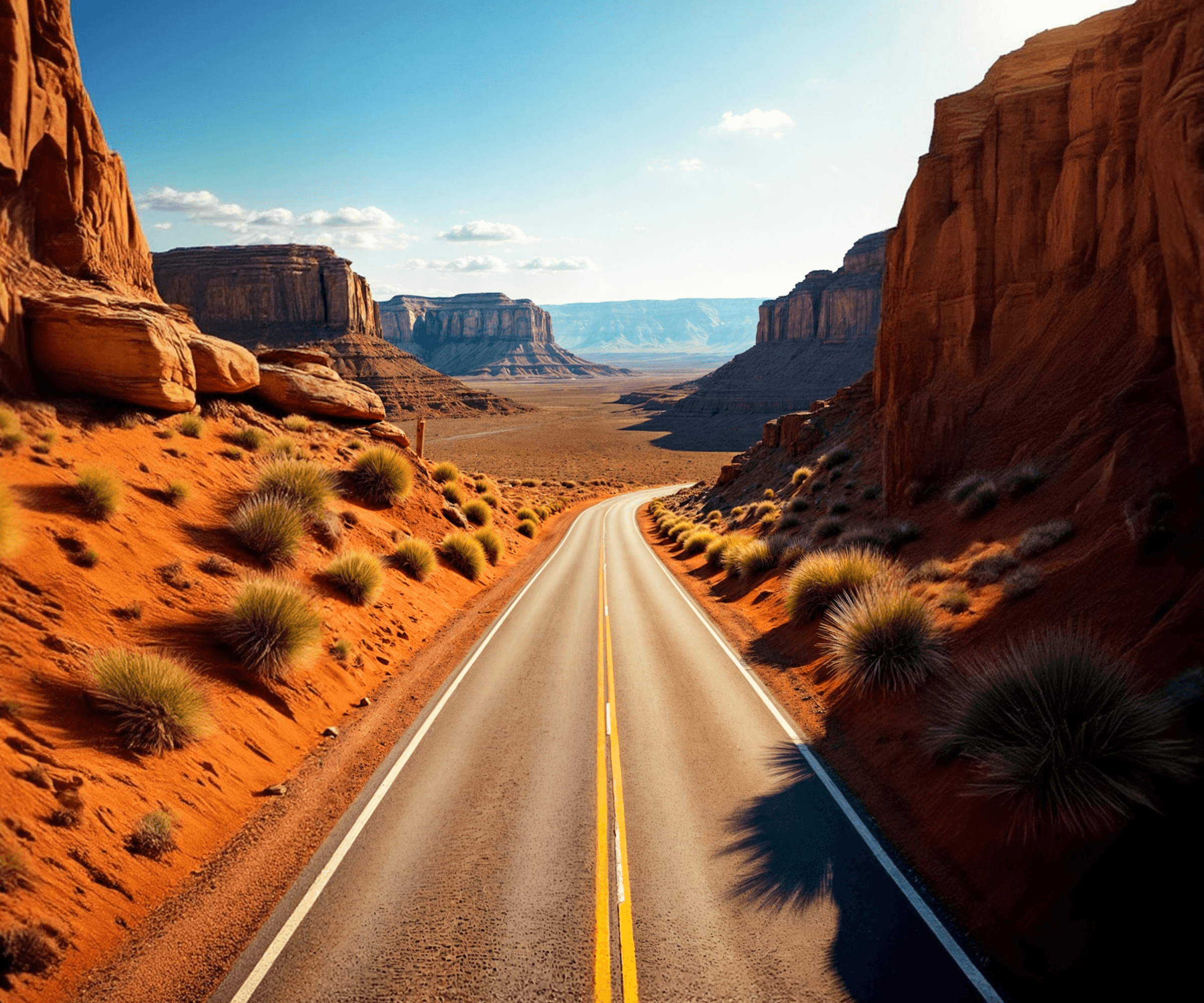 Scenic desert road leading through canyons at sunset.