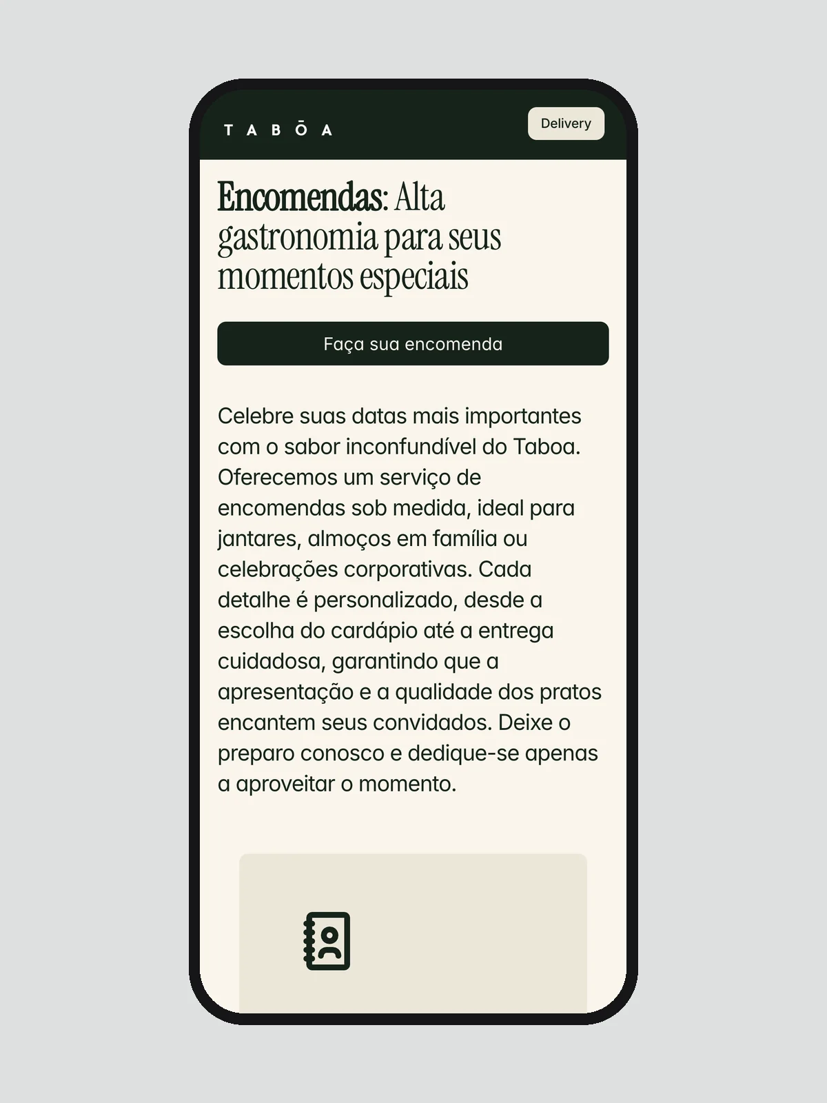 Seção de encomendas do site do Tabōa no celular