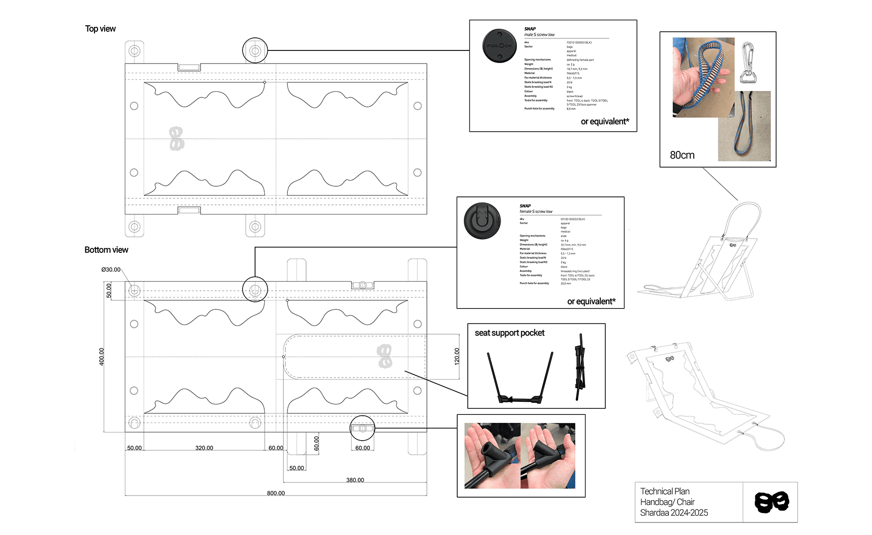 Technical blueprint and specifications for the Shaardaa modular Handbag/Chair design, including dimensions and component details.