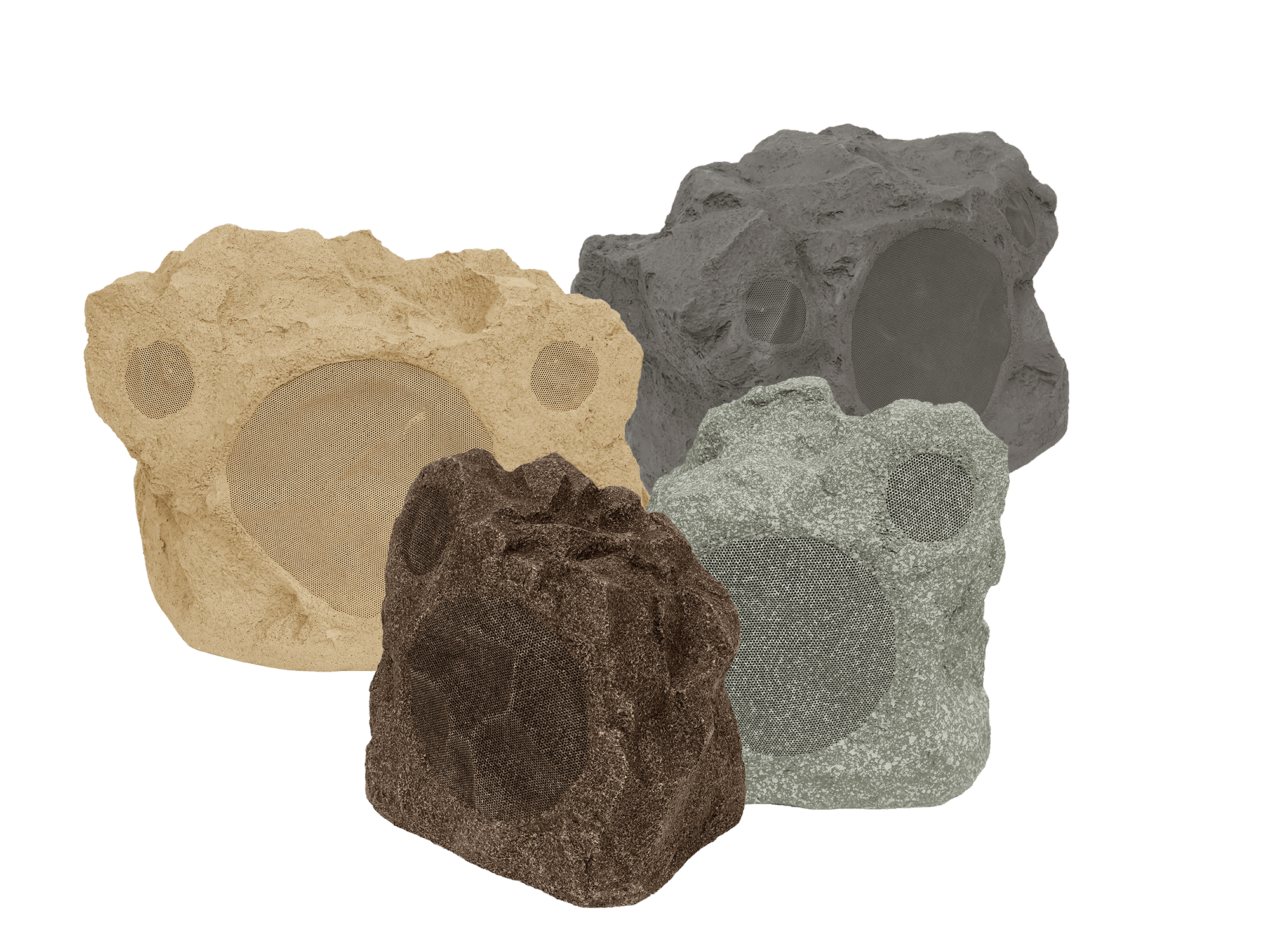 Several rock-shaped speakers in various colors.