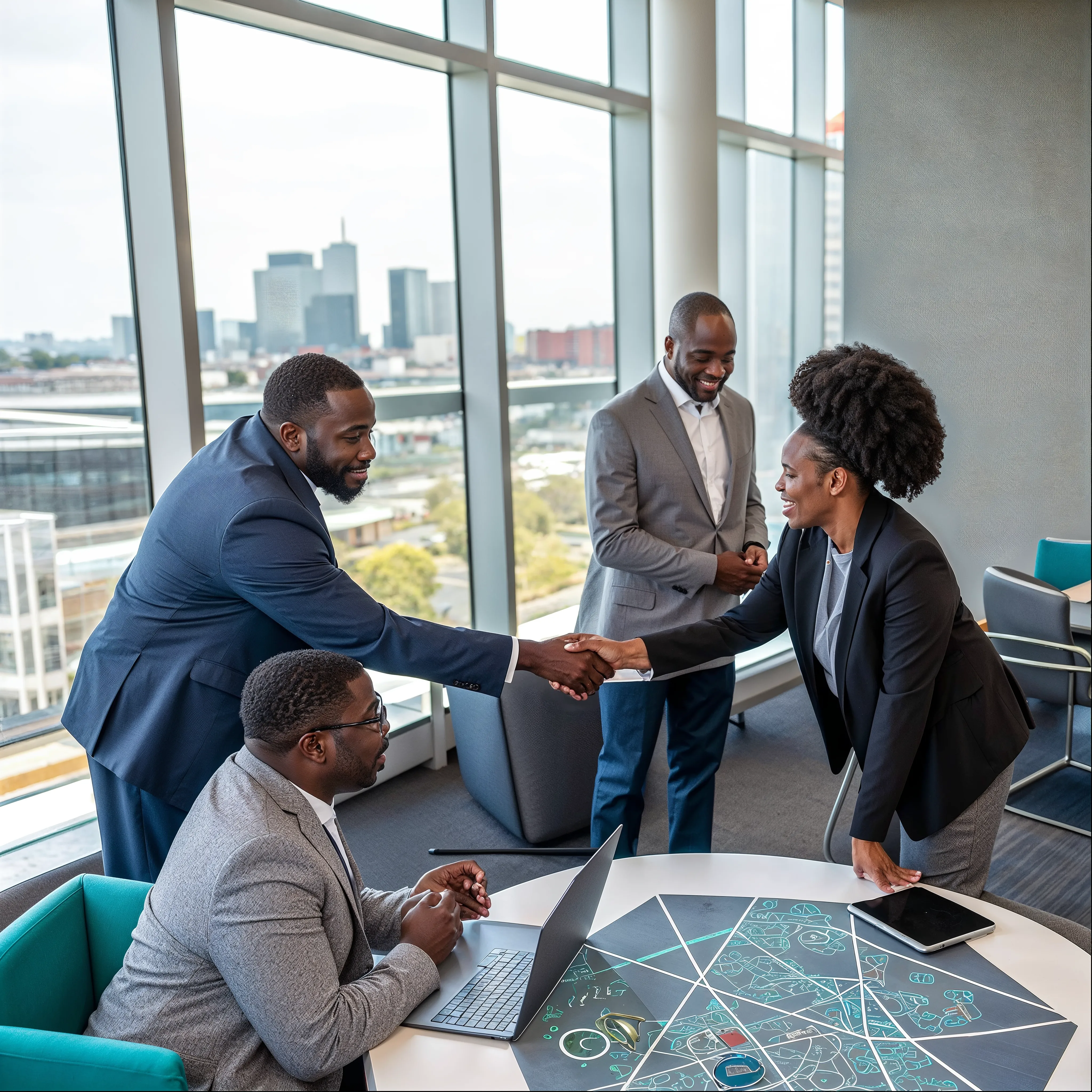 People smiling and shaking hands whilst standing in a boardroom