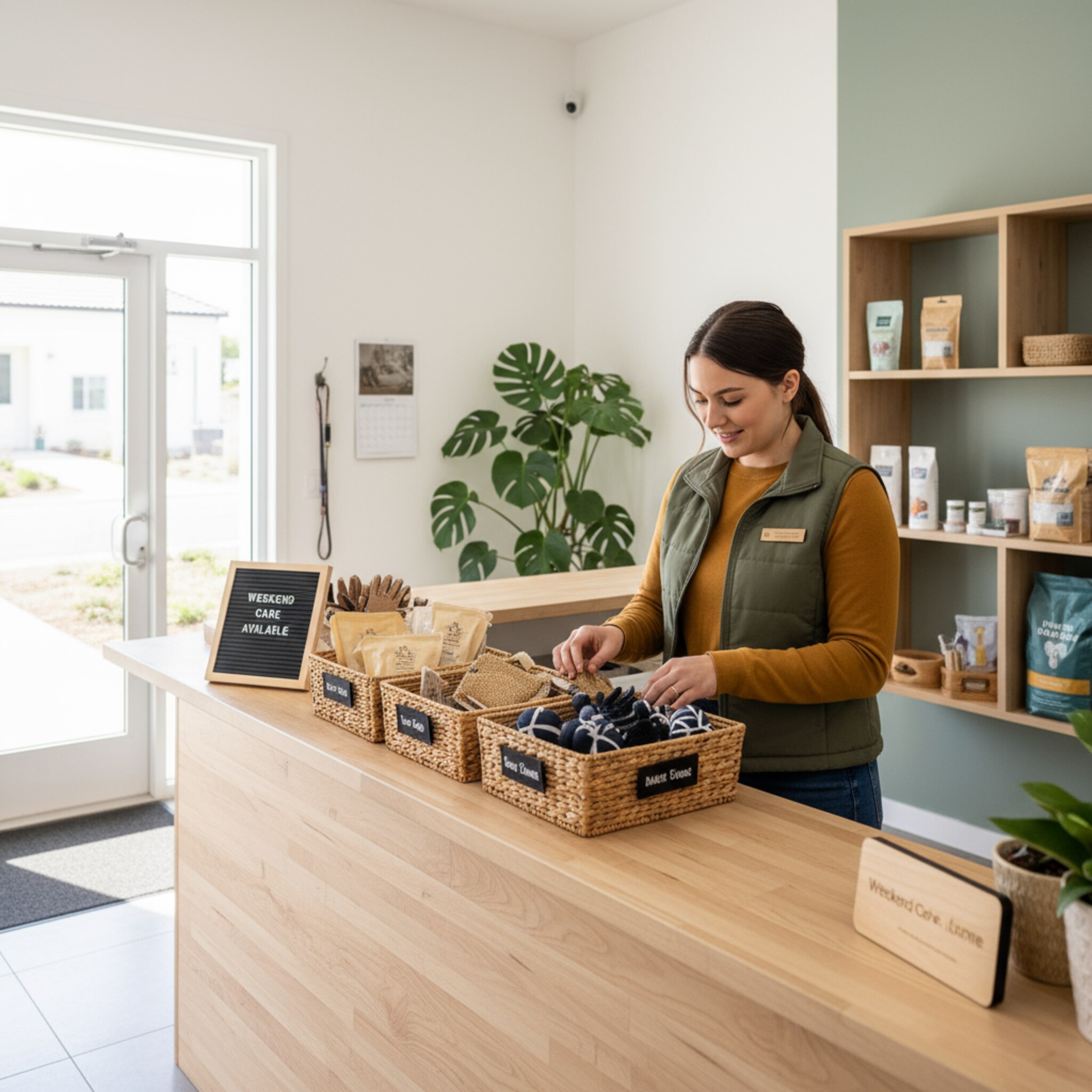 Auf einer sauberen Theke sortiert eine Mitarbeiterin Leckerli-Beutel, Pflegehandschuhe und kleine Trainingsdummies in Körbe. Ein dezentes Schild weist auf Wochenendbetreuung hin. Durch die Glastür fällt warmes Licht, alles ist gut vorbereitet. Die Szene vermittelt Klarheit und Professionalität.
