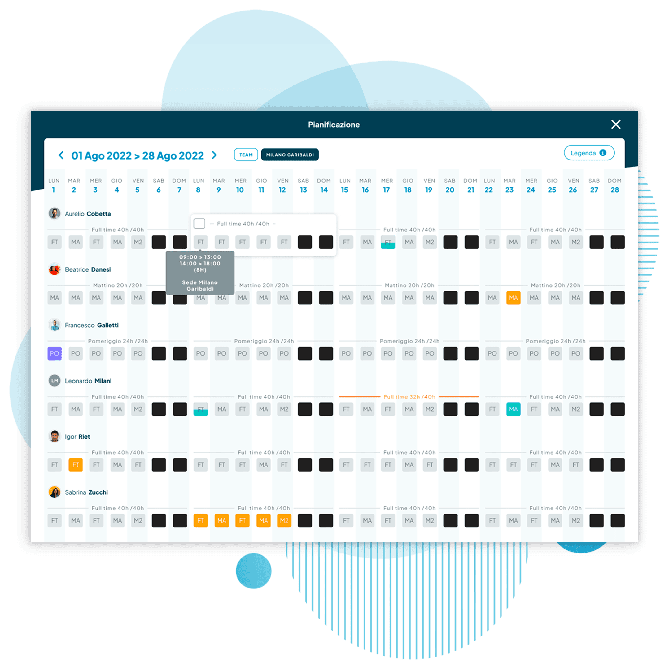 Schermata pianificazione turni con selezione dal calendario delle giornate da modificare assegnando il turno giornaliero, con possibilità di selezionare intere settimane
